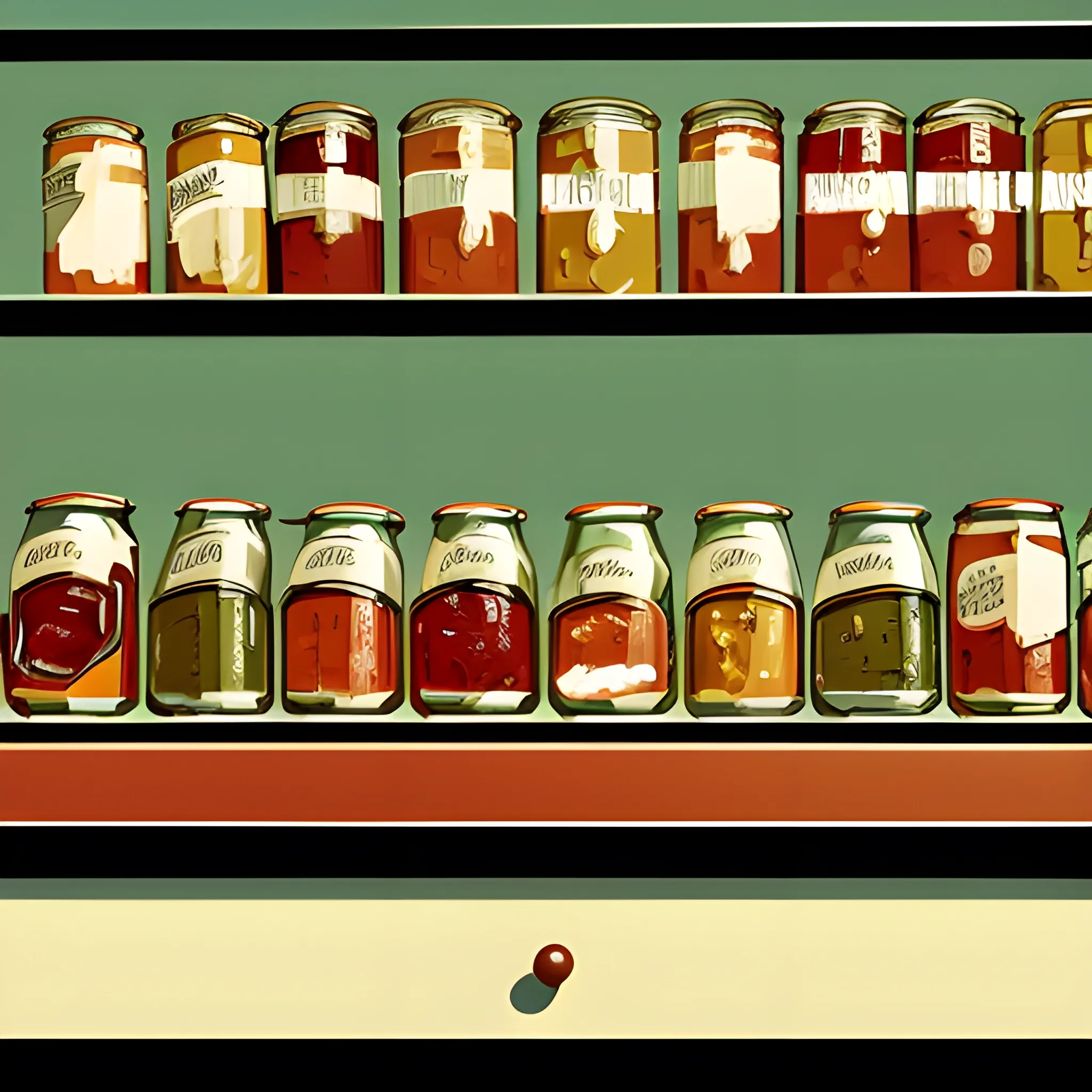 close up view of general store shelf with jars and cans, jam, preserves, contemporary, painted by Edward Hopper, painted by James Gilleard