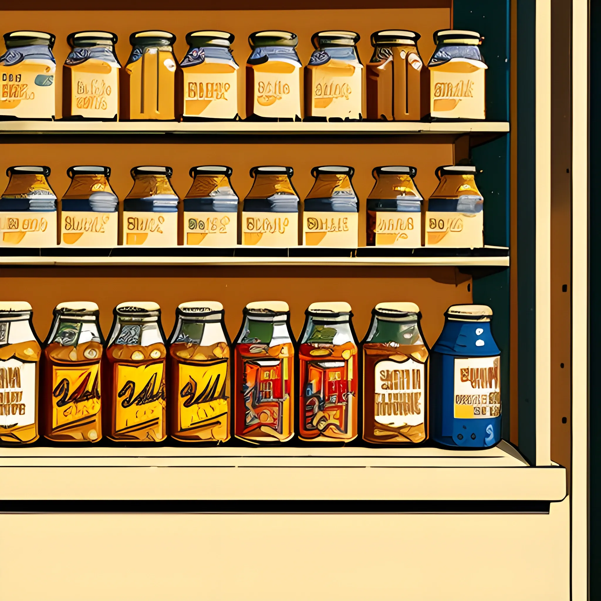 close up view of general store shelf with jars and cans, jam, honey, peanut butter, retro, painted by Edward Hopper, painted by James Gilleard
