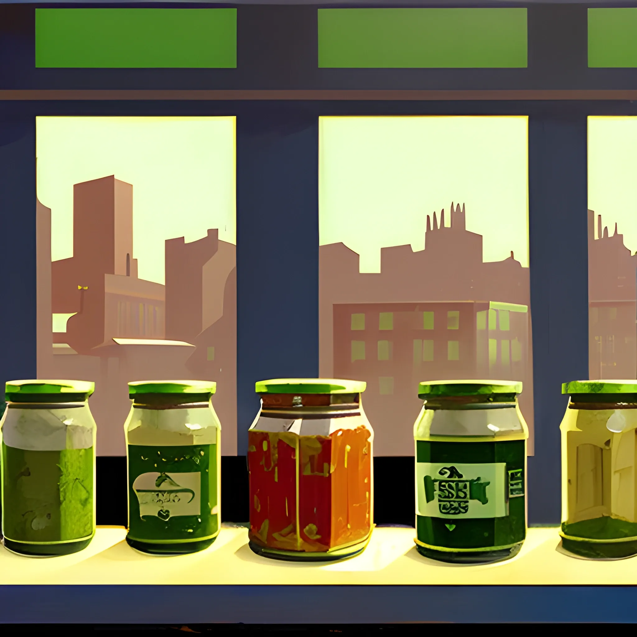 close up view of general store shelf with jars and cans, jam, pesto, contemporary, painted by Edward Hopper, painted by James Gilleard