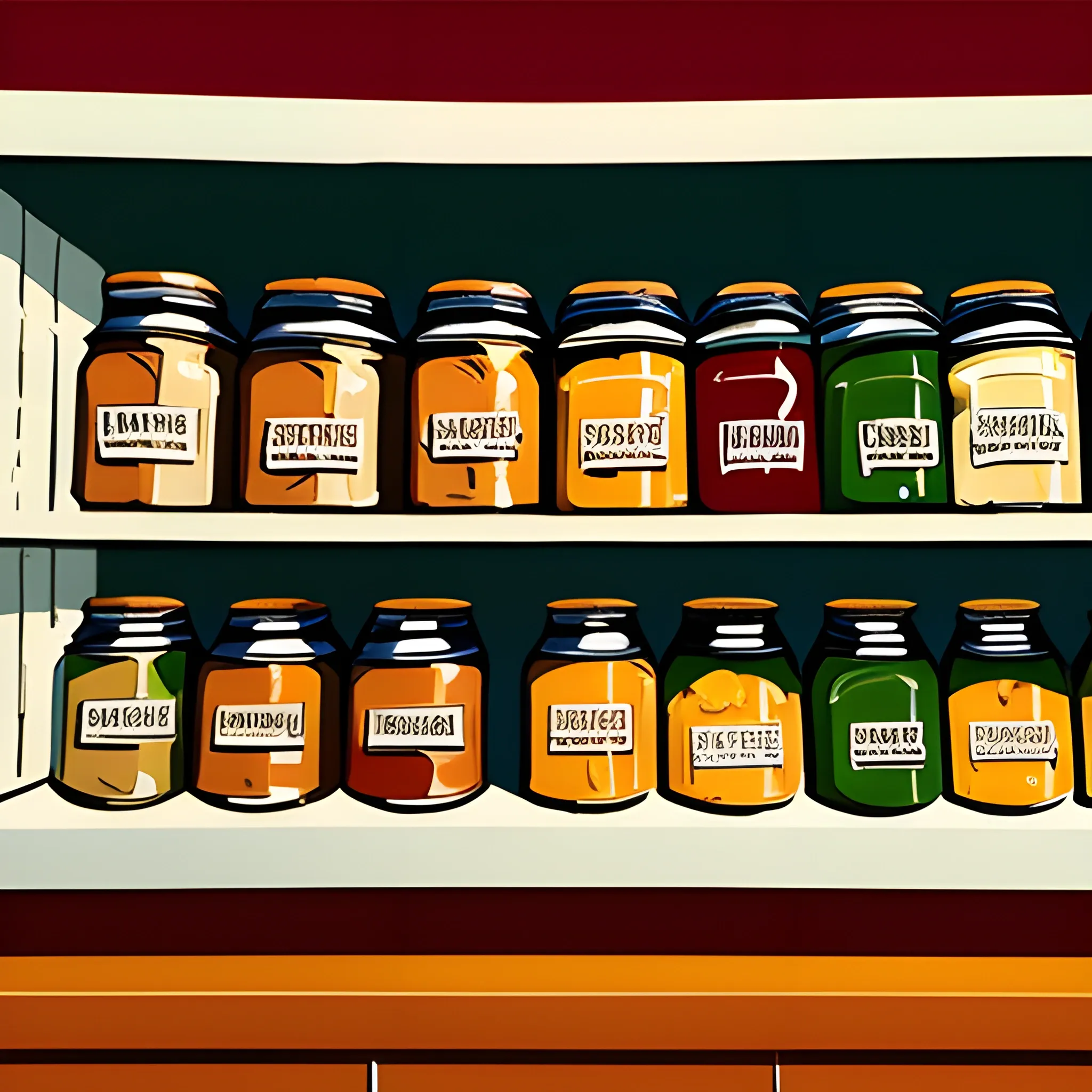 close up view of general store shelf with jars and cans, jam, honey, peanut butter, contemporary, painted by Edward Hopper, painted by James Gilleard
