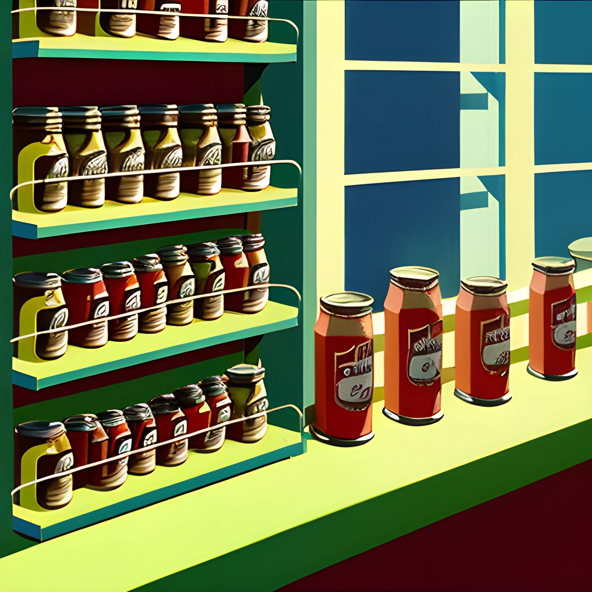 close up view of general store shelf with jars and cans, jam, contemporary, painted by Edward Hopper, painted by James Gilleard