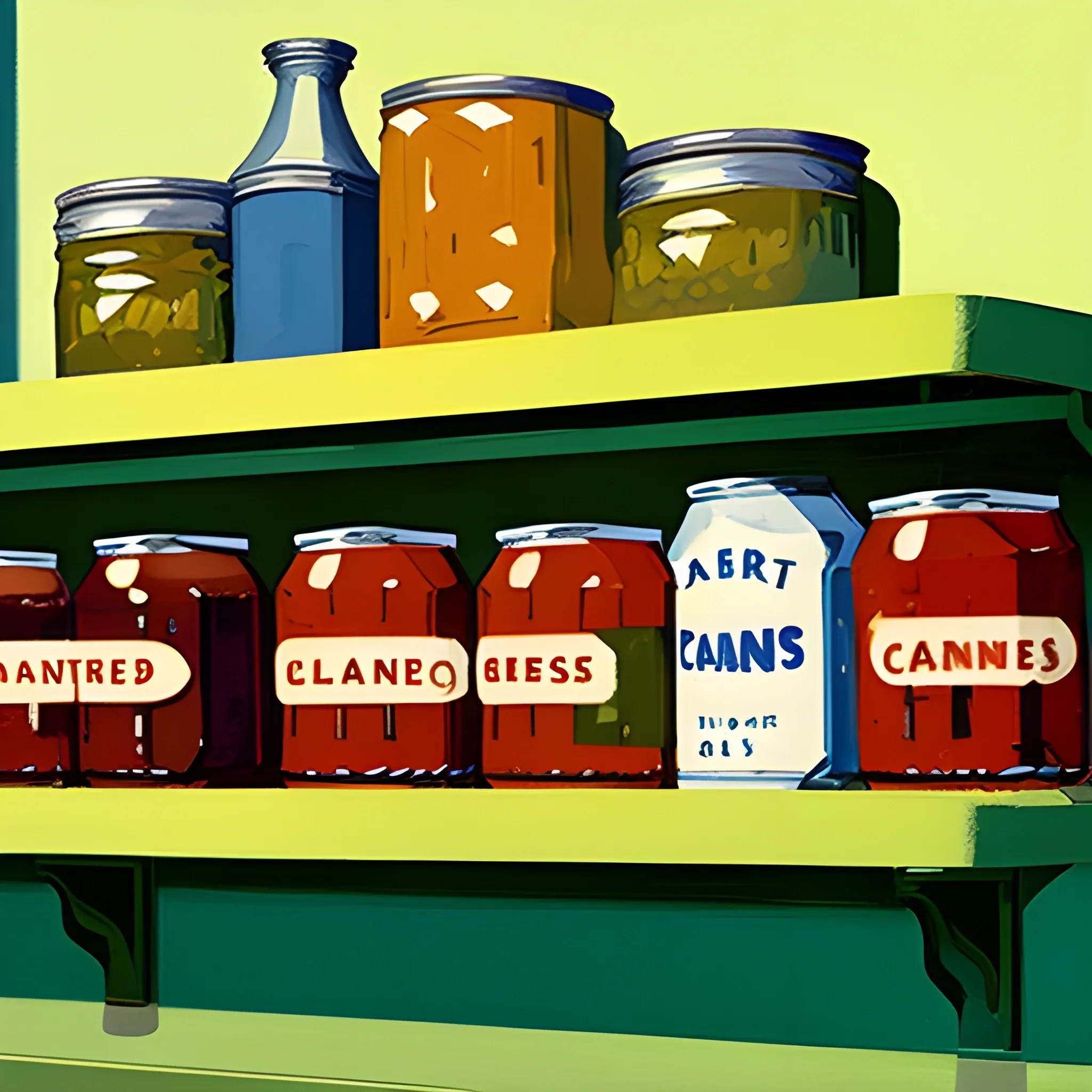 close up view of general store shelf with jars and cans, preserves, contemporary, painted by Edward Hopper, painted by James Gilleard
