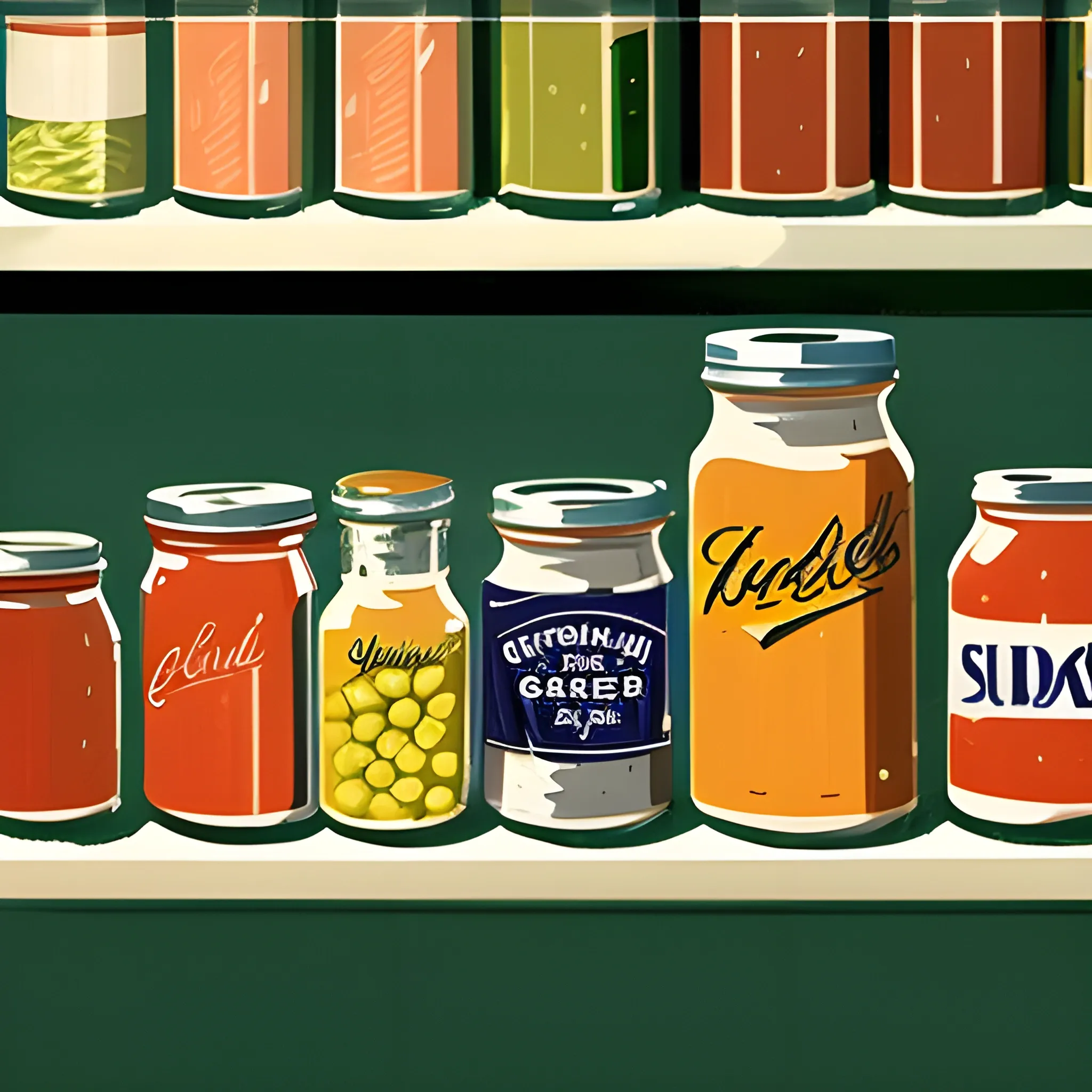 close up view of general store shelf with many jars and tins, pickles, tuna, very coherent, painted by Edward Hopper, painted by James Gilleard