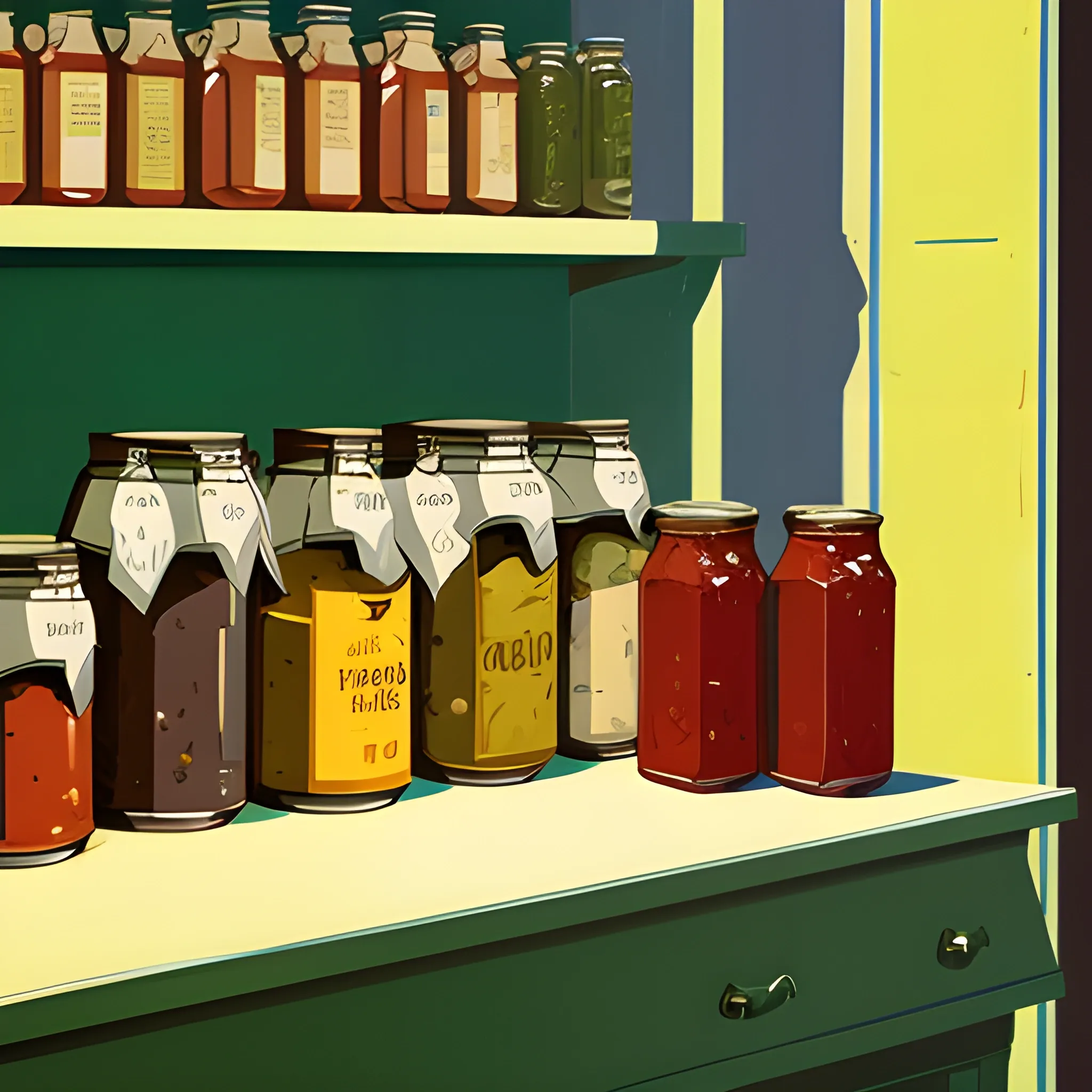 close up view of general store shelf with jars and cans, preserves, olive oil, contemporary, painted by Edward Hopper, painted by James Gilleard
