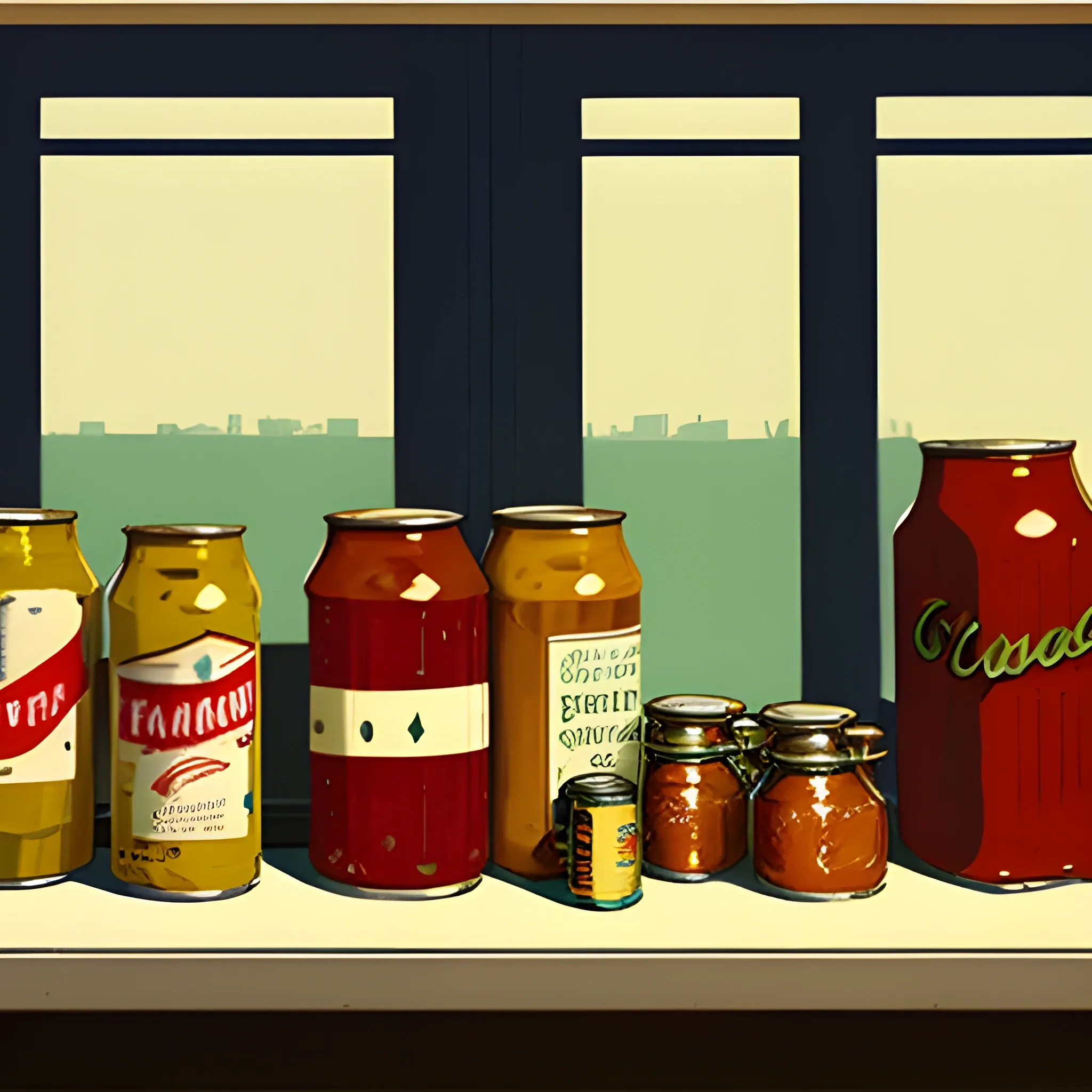 close up view of general store shelf with jars and cans, preserves, olive oil, painted by Edward Hopper, painted by James Gilleard
