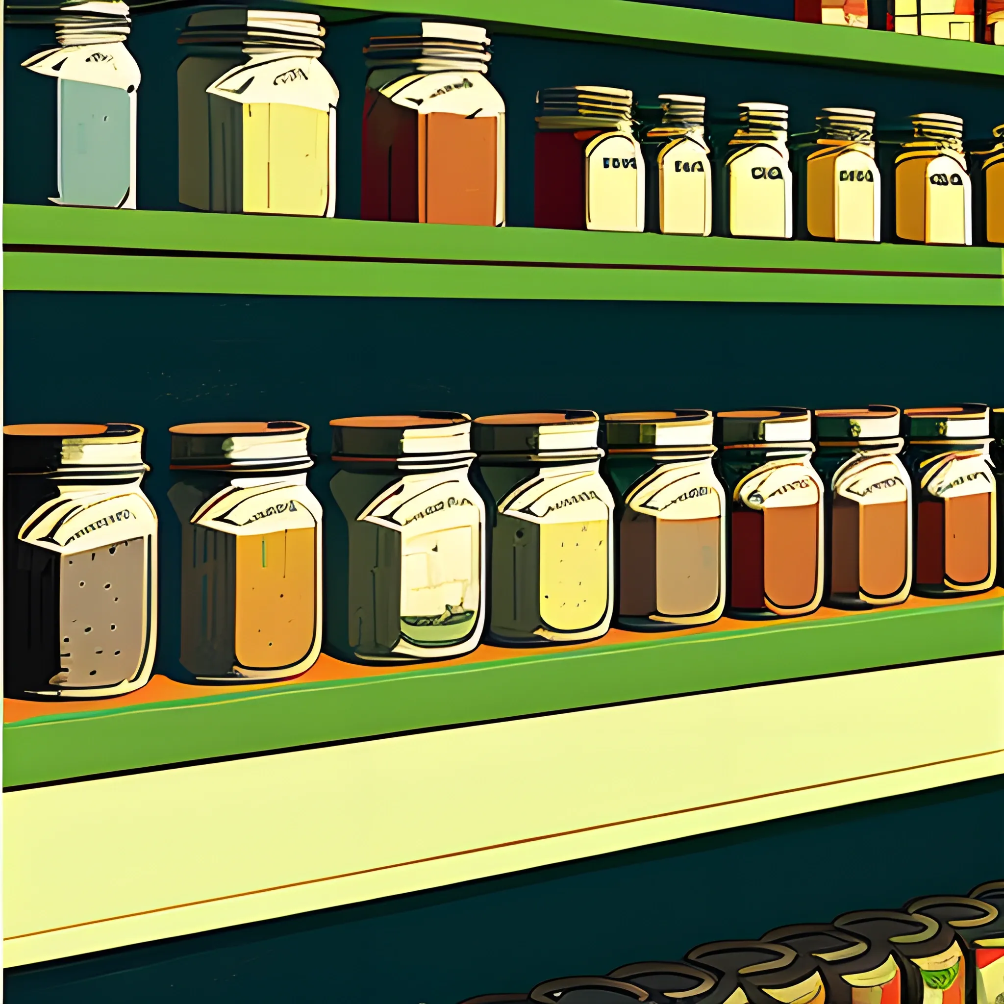close up view of general store shelf with many jars and tins, very coherent, painted by Edward Hopper, painted by James Gilleard