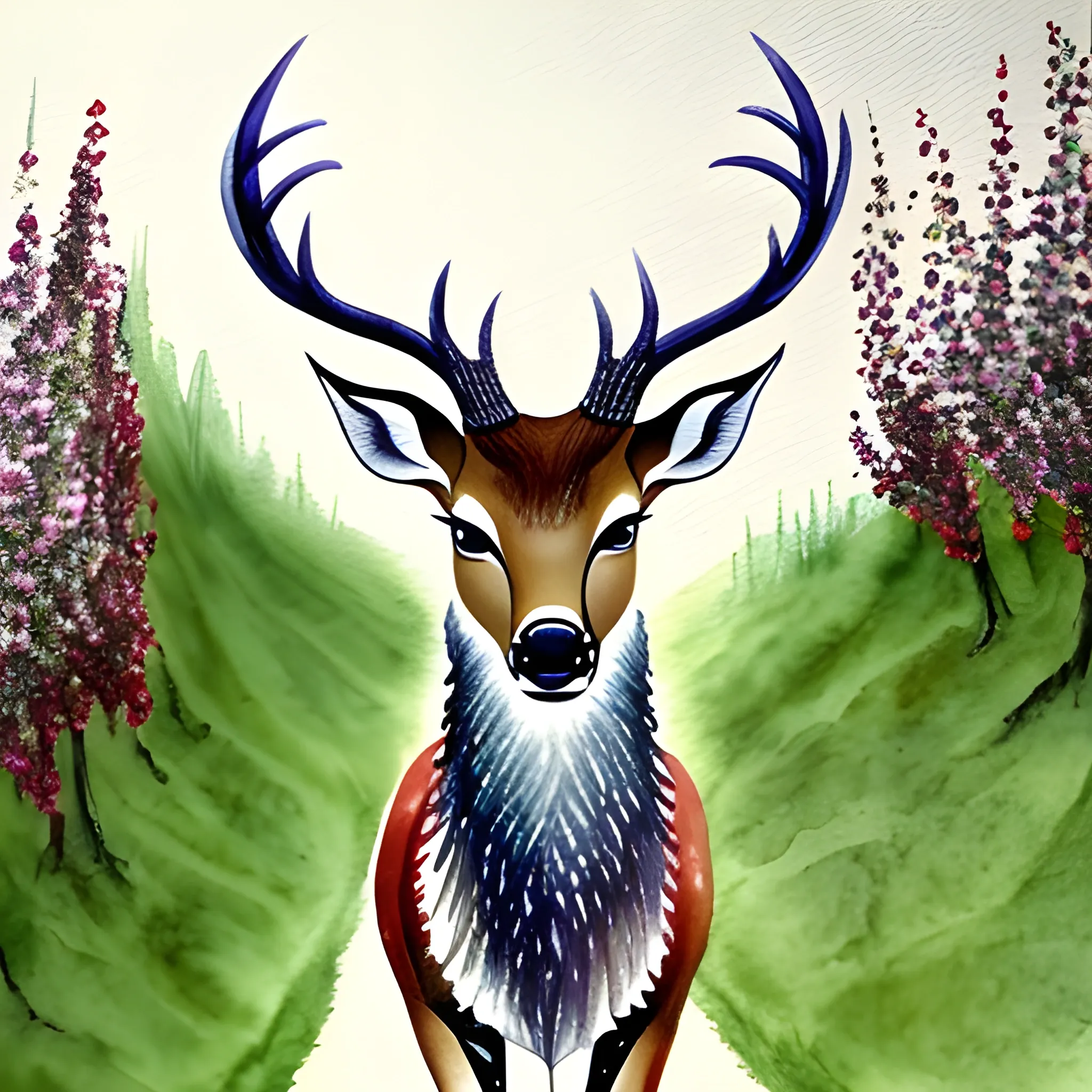 a jung alone deer, in a complete full body, with a small horns, lookin to the left side, in a white ground.
 using, water color, Painted by a child with seven years old technics. in a grape wine yard.