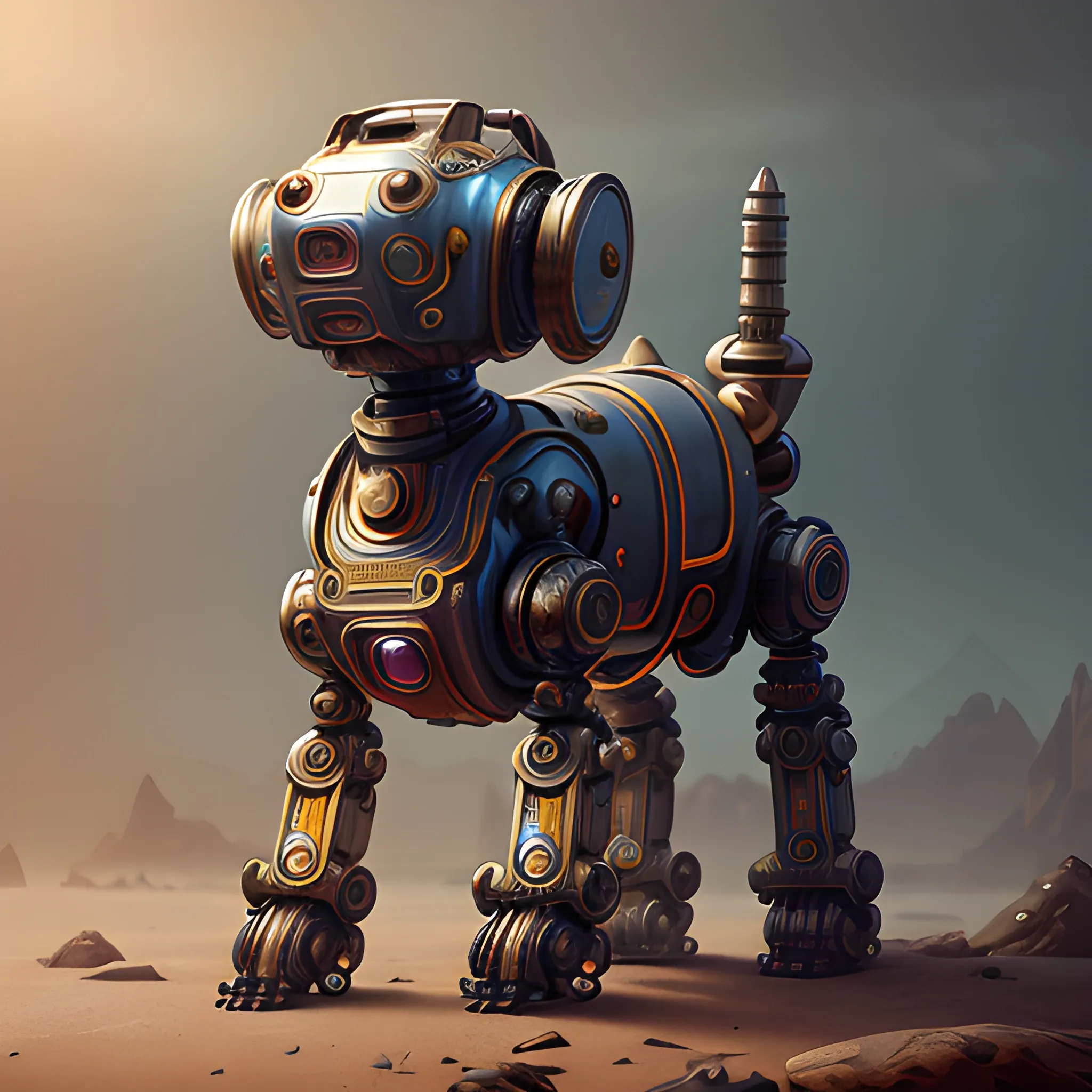 dog robot, ancient robot, antique robot, 8k, high resolution, high quality, photorealistic, hyperealistic, detailed, detailed matte painting, deep color, fantastical, intricate detail, splash screen, complementary colors, fantasy concept art, 8k resolution trending on Artstation Unreal Engine 5
