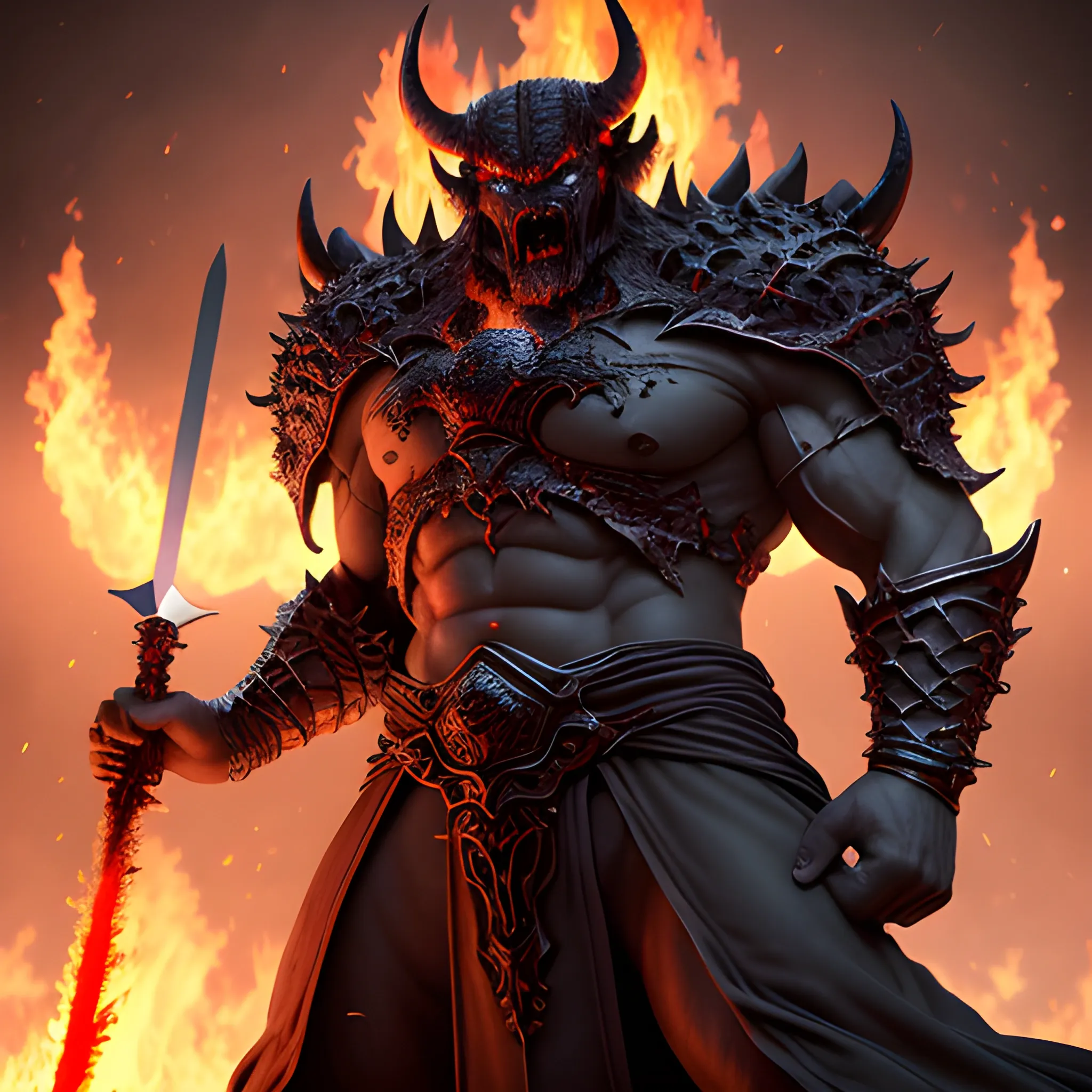 Super strong demon, huge demon, giant devil, demon has huge fire and ice sword, 8k, high resolution, high quality, photorealistic, hyperealistic, detailed, detailed matte painting, deep color, fantastical, intricate detail, splash screen, complementary colors, fantasy concept art, 8k resolution trending on Artstation Unreal Engine 5