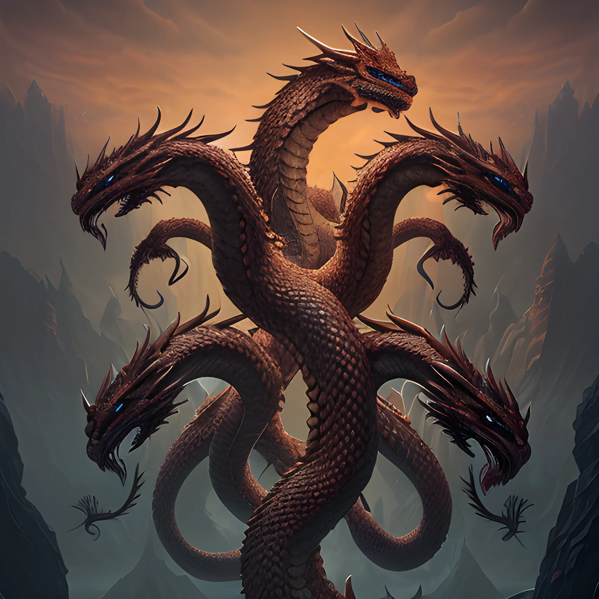 hydra, dragon with many heads, 8k, high resolution, high quality, photorealistic, hyperealistic, detailed, detailed matte painting, deep color, fantastical, intricate detail, splash screen, complementary colors, fantasy concept art, 8k resolution trending on Artstation Unreal Engine 5