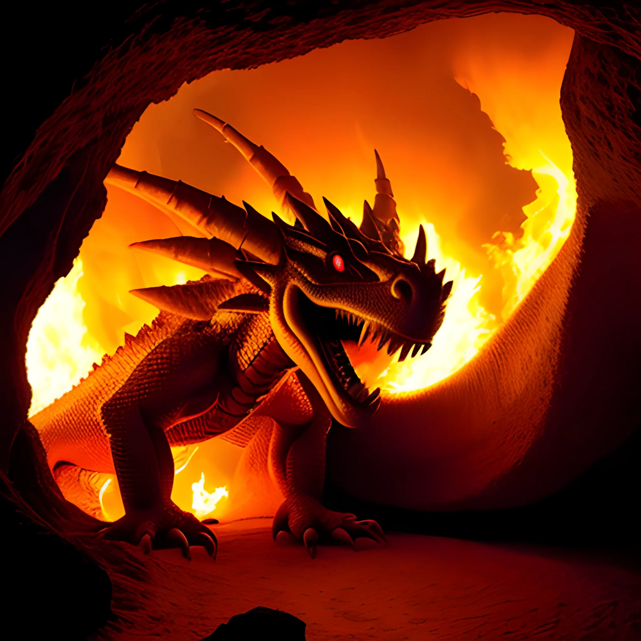Dragón expulsando fuego, calidad fotográfica, cueva gigante 