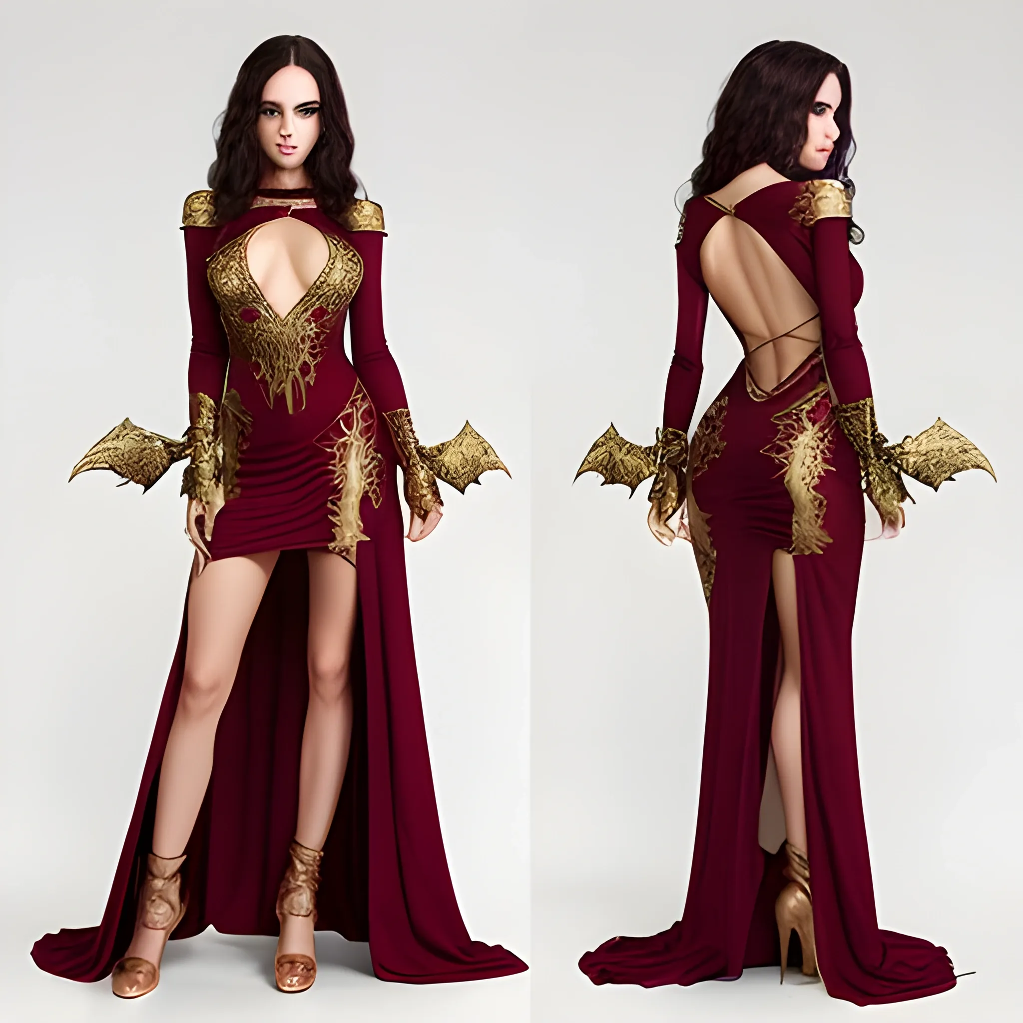 fantasy, evil sorceress, sexy skimpy long sleeved low cut maroon dress with gold accents and high side slits, curly long dark hair
