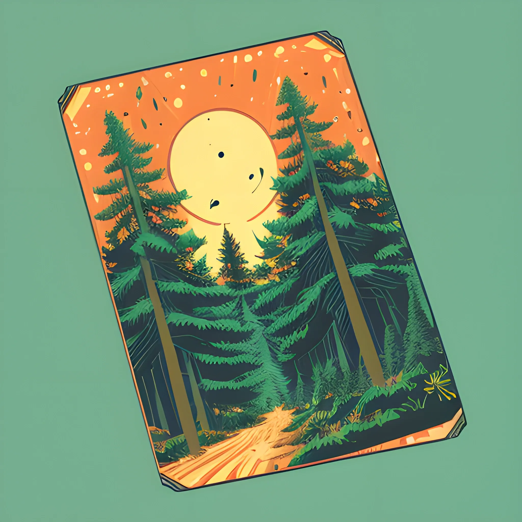 A detailed illustration, pine forest at night, sharp focus , full shot splash, graphic design piece of artwork, flat design, colorful shades, highly detailed, clean, vector image, flat white background, isometric, vibrant vector, sticker, anime, vintage, rustic, distressed texture, faded colors, line art, engraving style, background white, no shadows, 16k, focus, deviant art masterpiece.