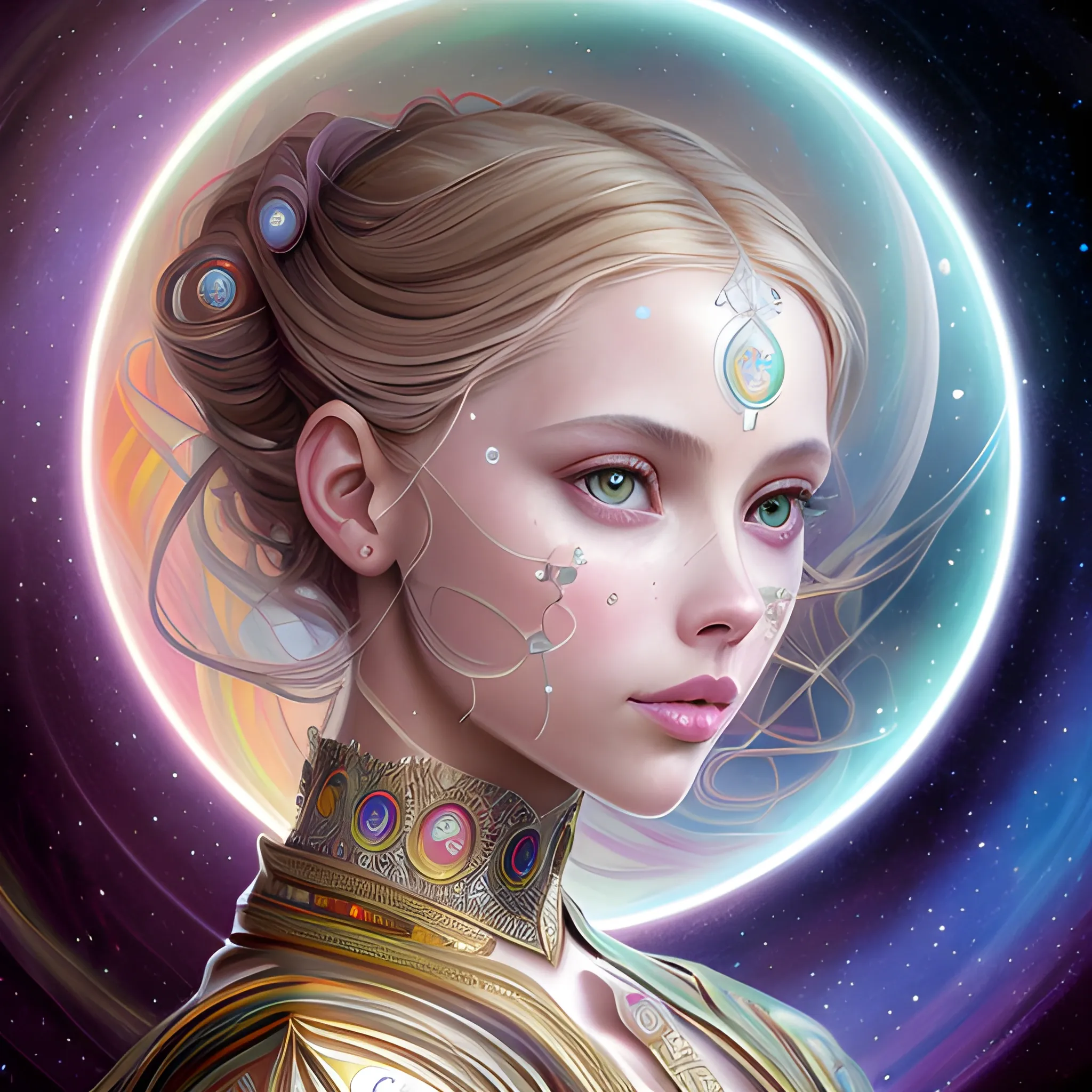 ultra realistic photo portrait of Scarlett Leithold cosmic energy, colorful, painting burst, beautiful symmetrical face, nonchalant kind look, realistic round eyes, tone mapped, intricate, elegant, highly detailed, digital painting, artstation, concept art, smooth, sharp focus, illustration, dreamy magical atmosphere, art by artgerm and greg rutkowski and alphonse mucha, 4k, 8k