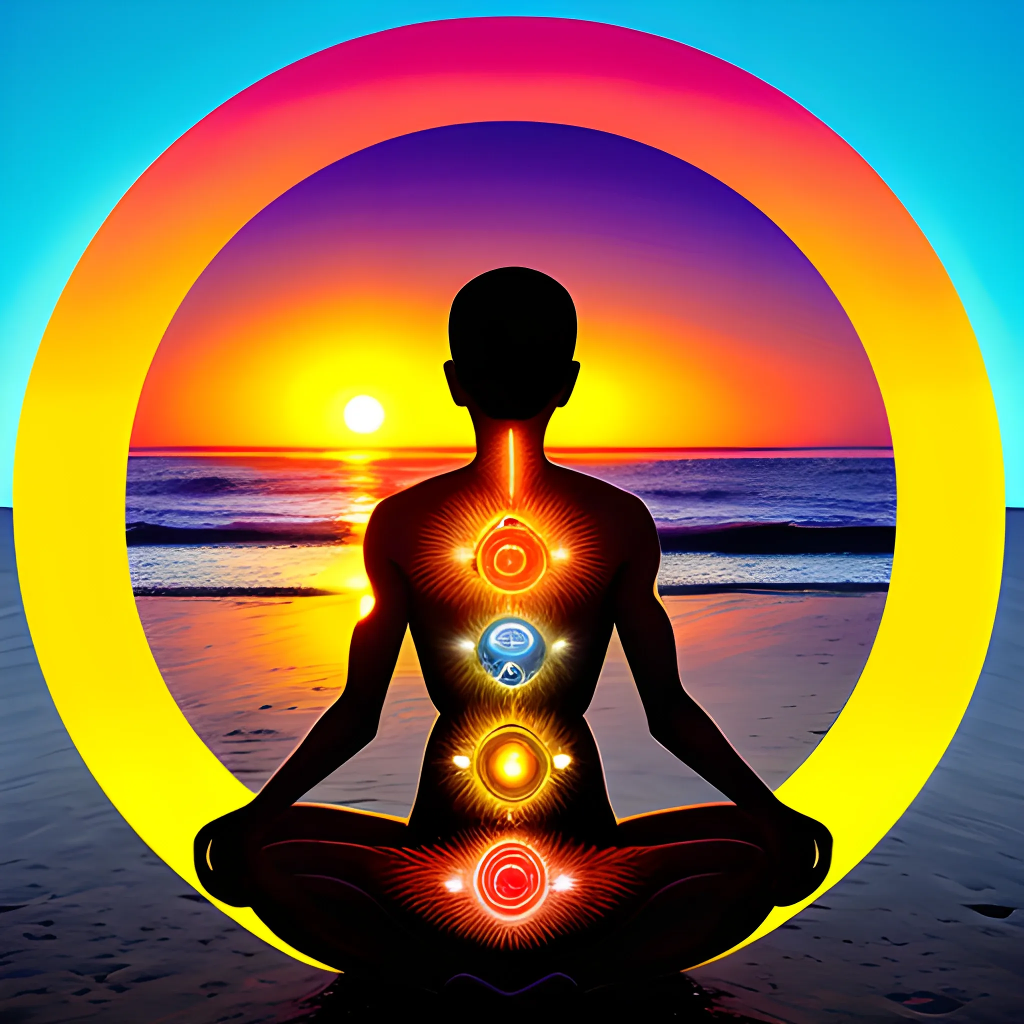 human being with the seven chakras, beach, sunset
