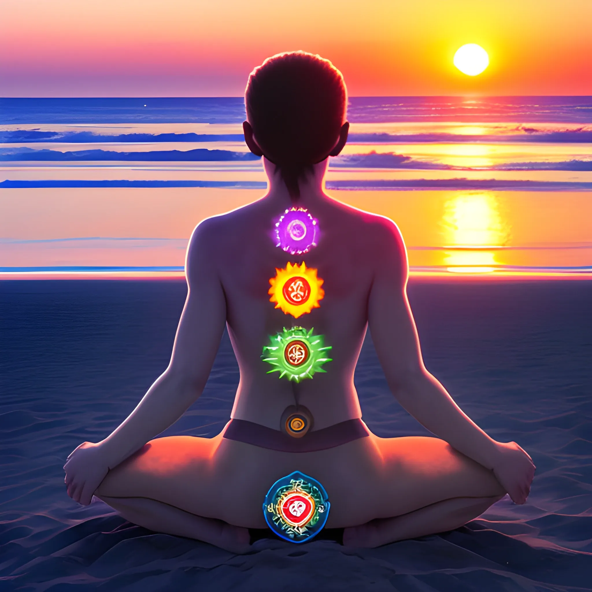 human being with the seven chakras, beach, sunset
