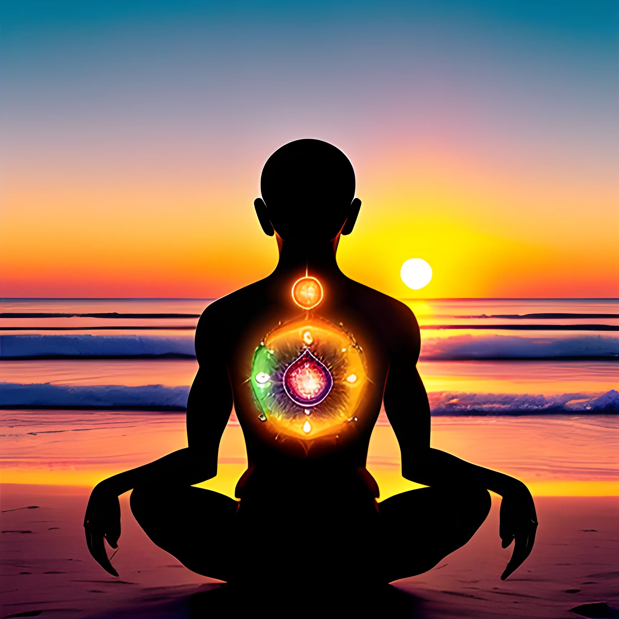 human being with the seven chakras, beach, sunset, universe, moon, caduceus
