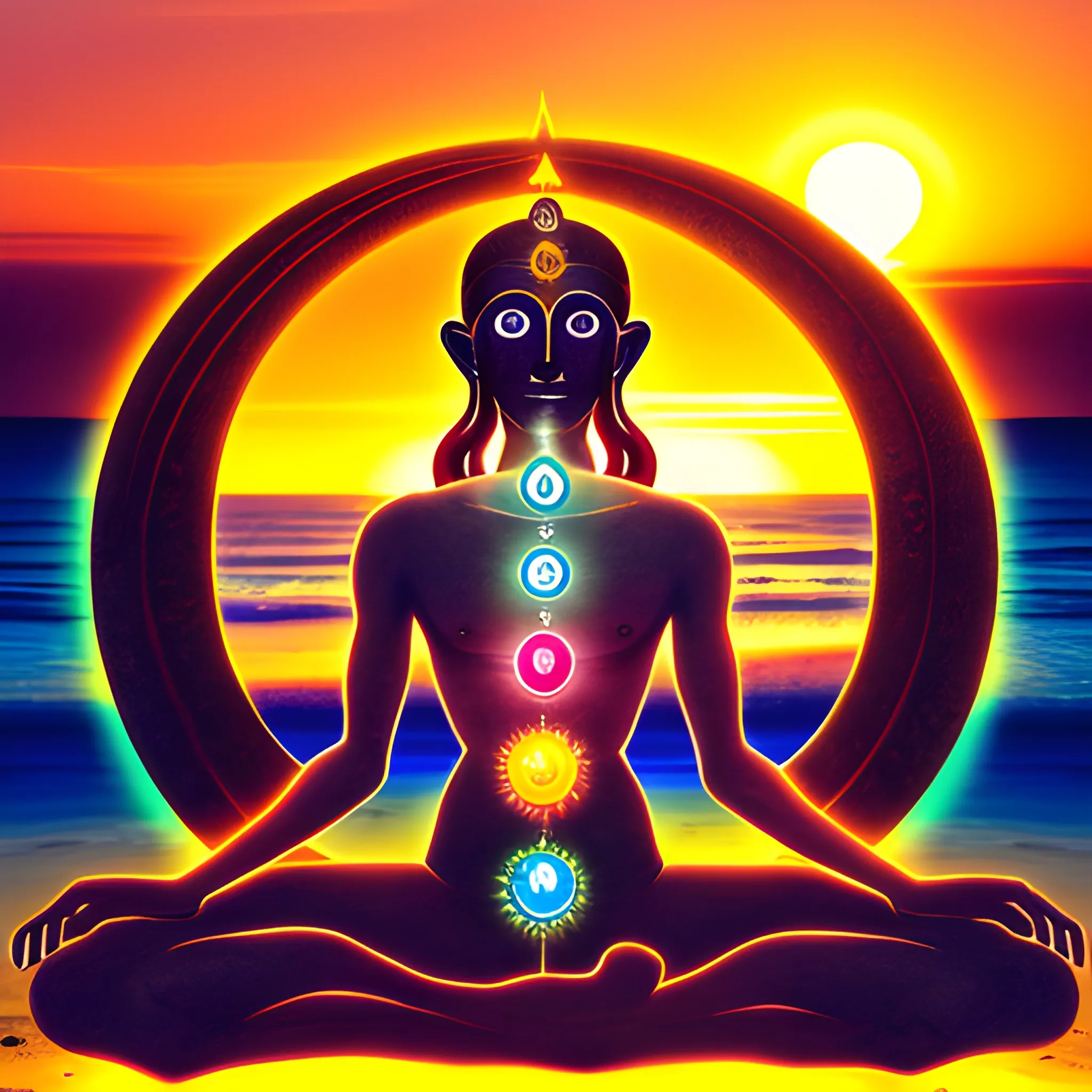human being with the seven chakras, beach, sunset, universe, moon, caduceus hermes, road, initiation.


