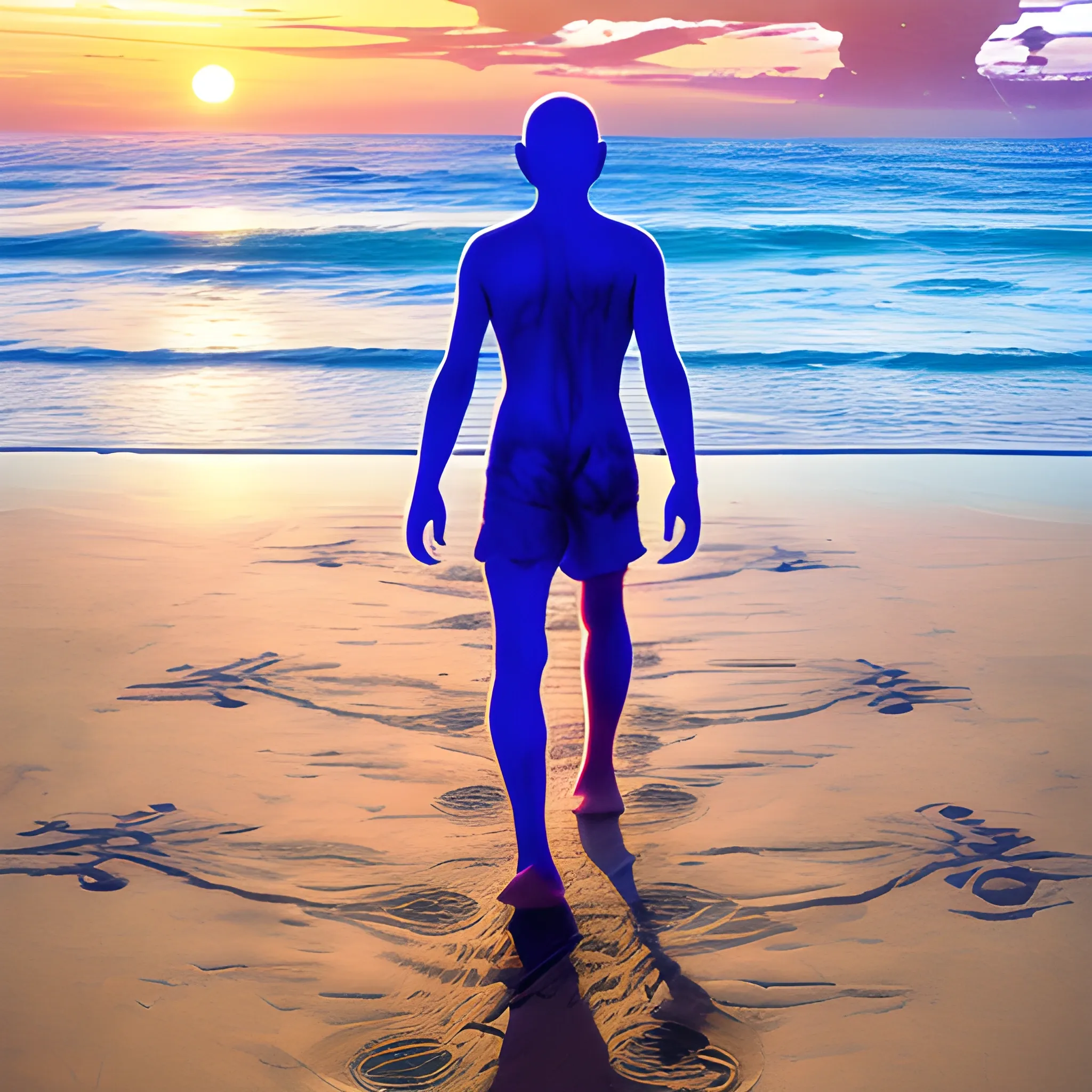 
human being with the seven chakras, beach, sunset, universe, moon, caduceus, walking to the sea, initiation, footprints in the sand


