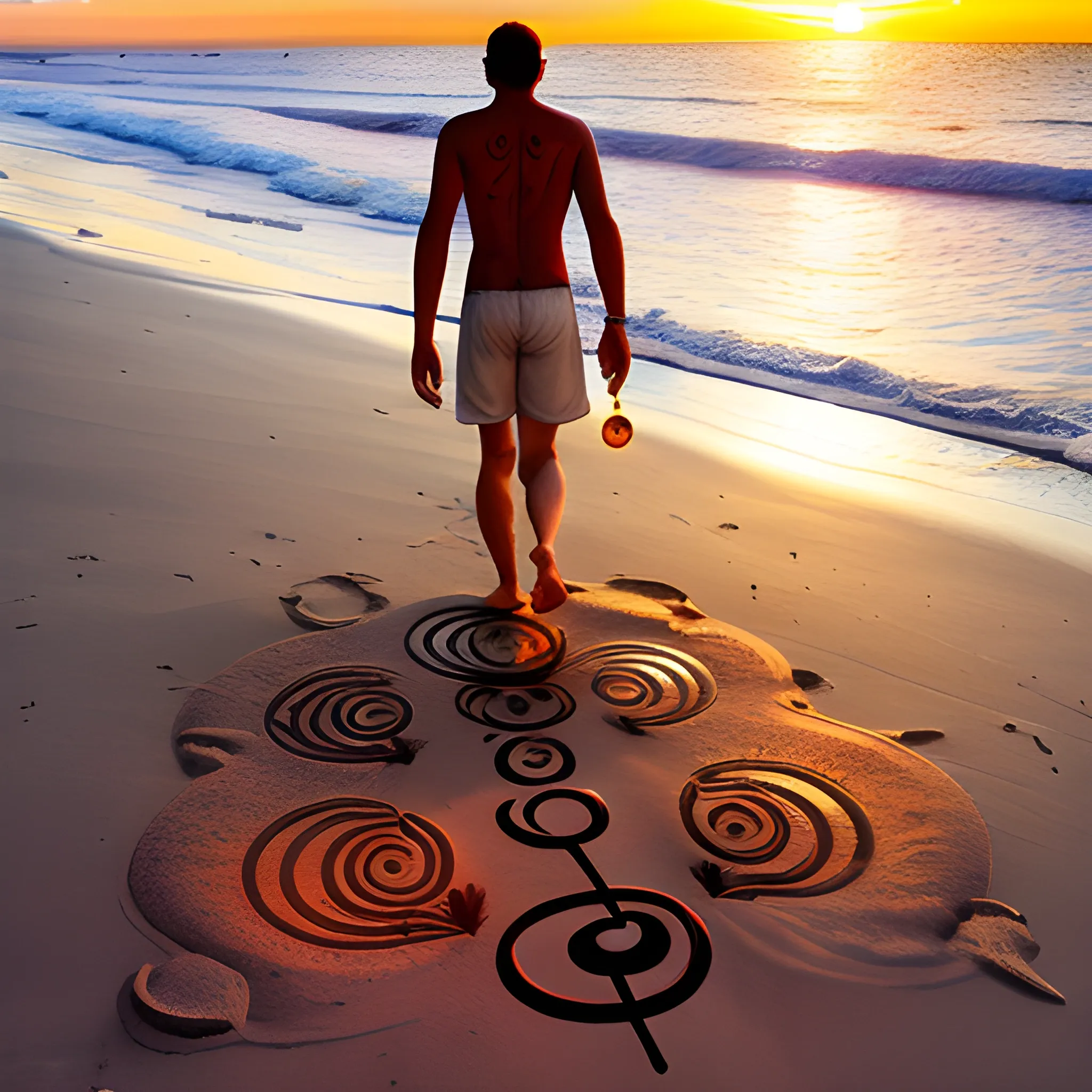 human being with the sevens chakras, beach, sunset, universe, moon, caduceus, walking to the sea, initiation, footprints in the sand



