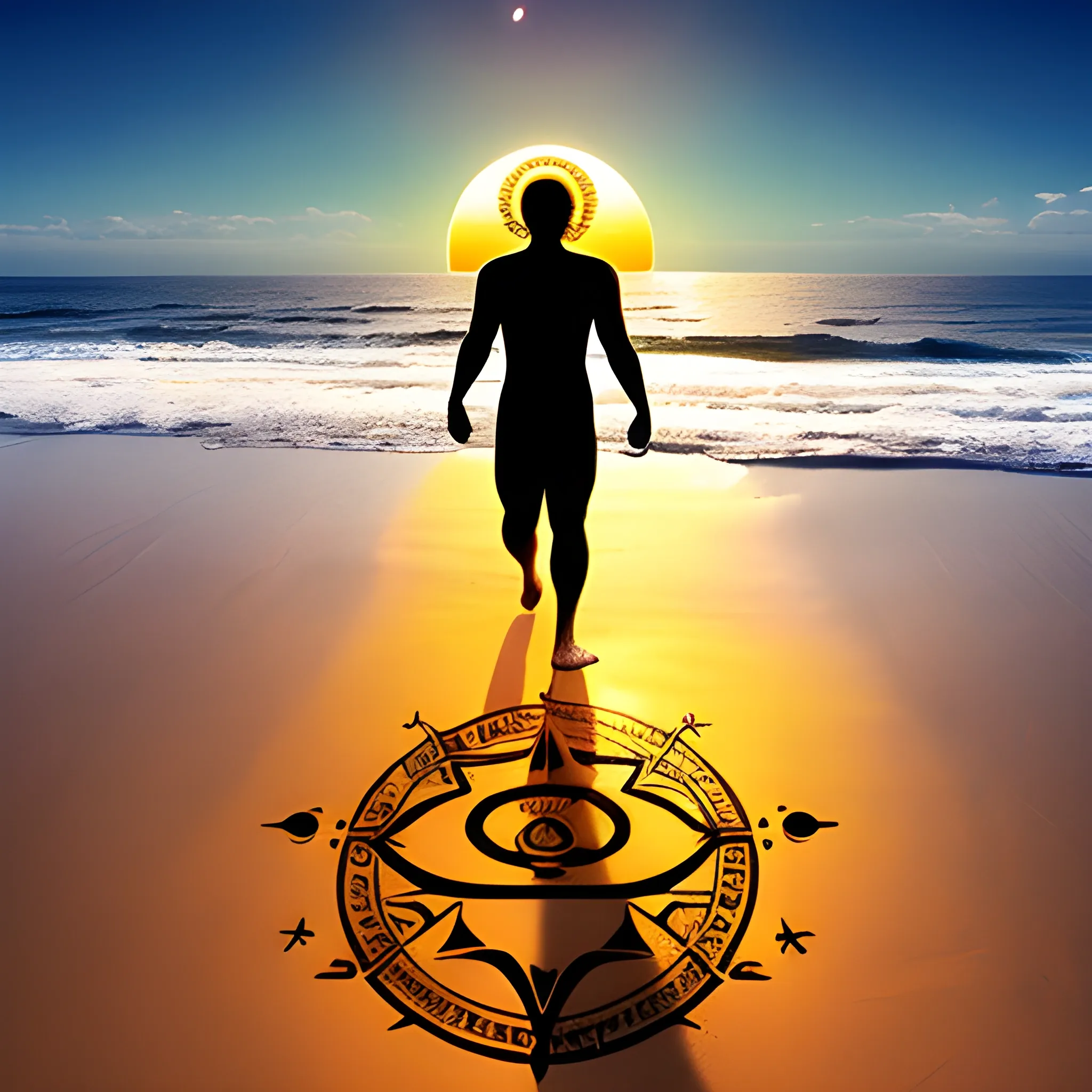 human being with the sevens chakras, beach, sunset, universe, moon, Hermes caduceus , walking to the sea, initiation, footprints in the sand


