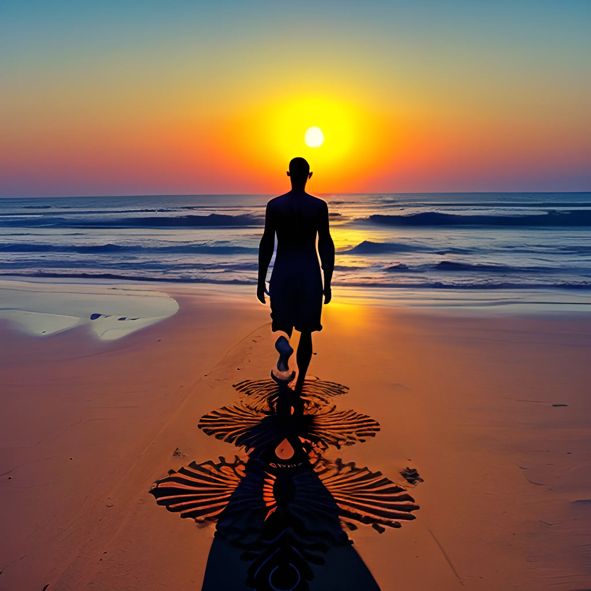 man with the seven chakras on his back, beach, sunset, universe, moon, caduceus, walking to the sea, initiation, footprints in the sand,


