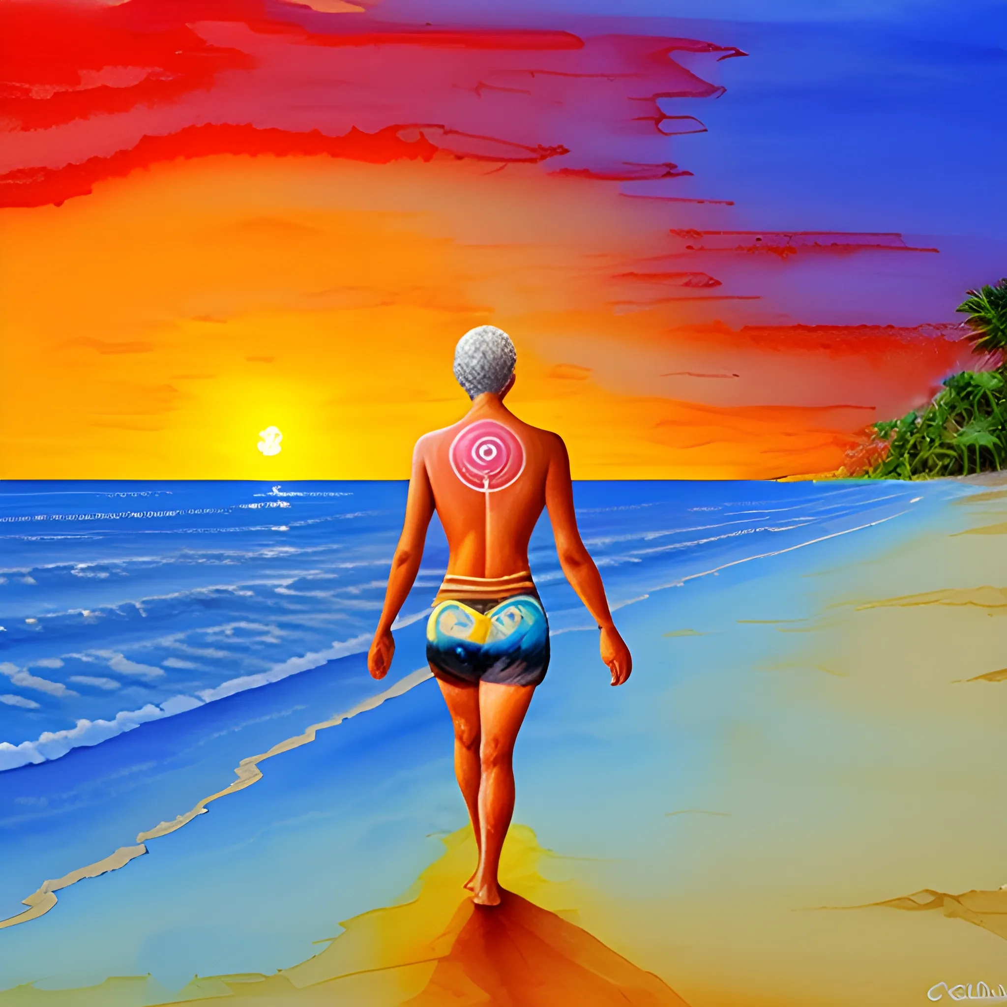 
man with the seven chakras on his back, beach, sunset, universe, walking to the sea, initiation, footprints in the sand,
, Water Color, Oil Painting, Cartoon, Trippy