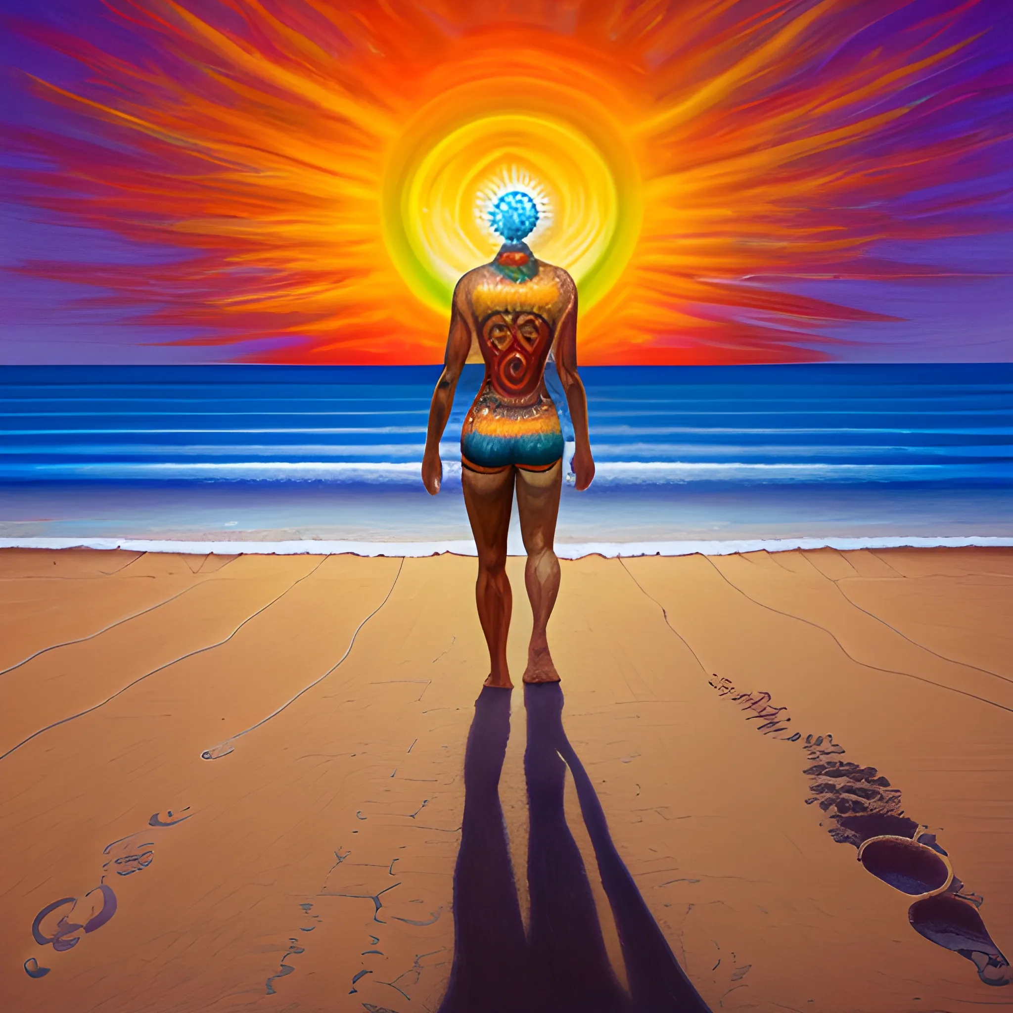 
man with the seven chakras on his back, beach, sunset, universe, walking to the sea, initiation, footprints in the sand, Oil Painting, Cartoon, Trippy
