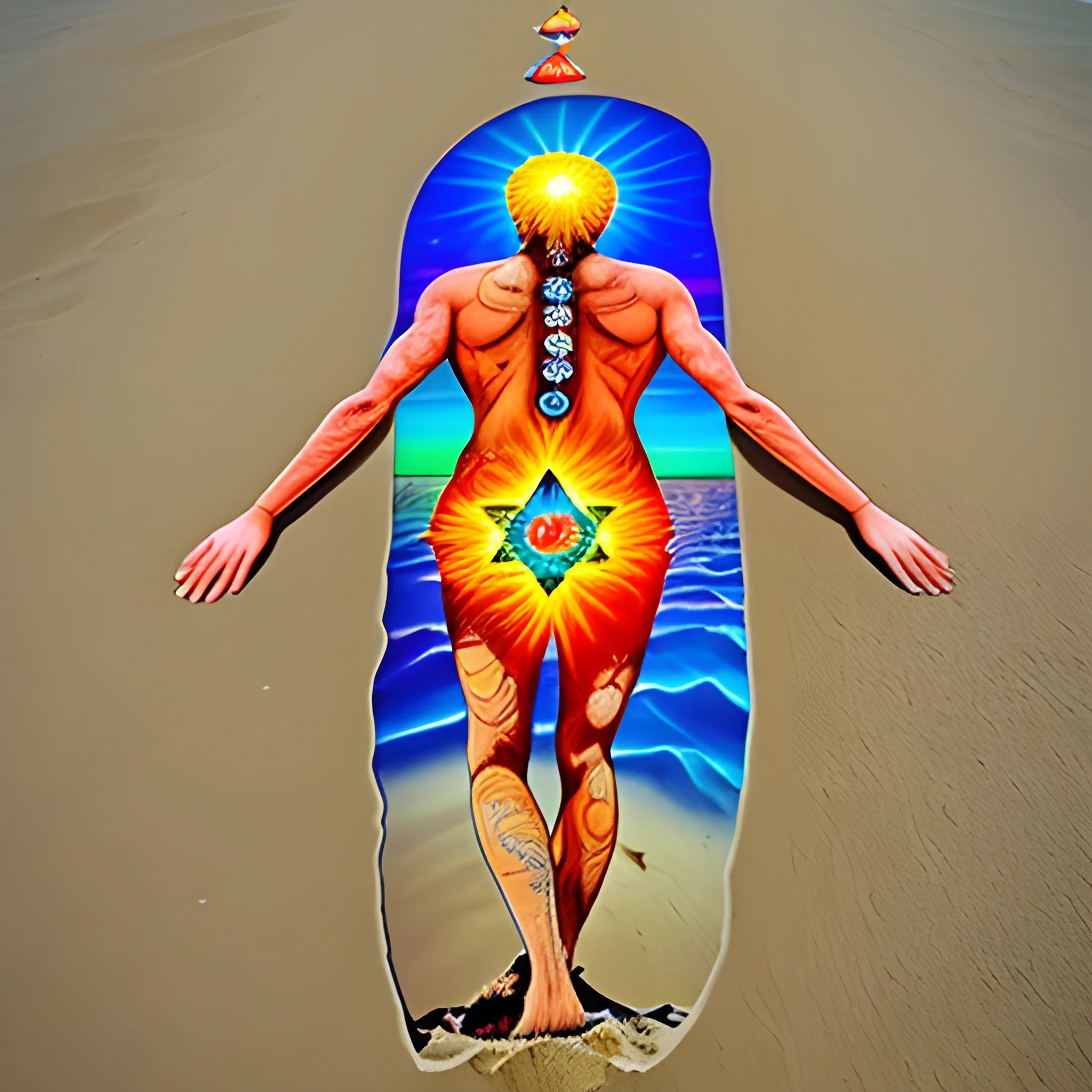 
man with the seven chakras on his back, beach, sunset, universe, walking to the sea, initiation, footprints in the sand, Cartoon, Trippy