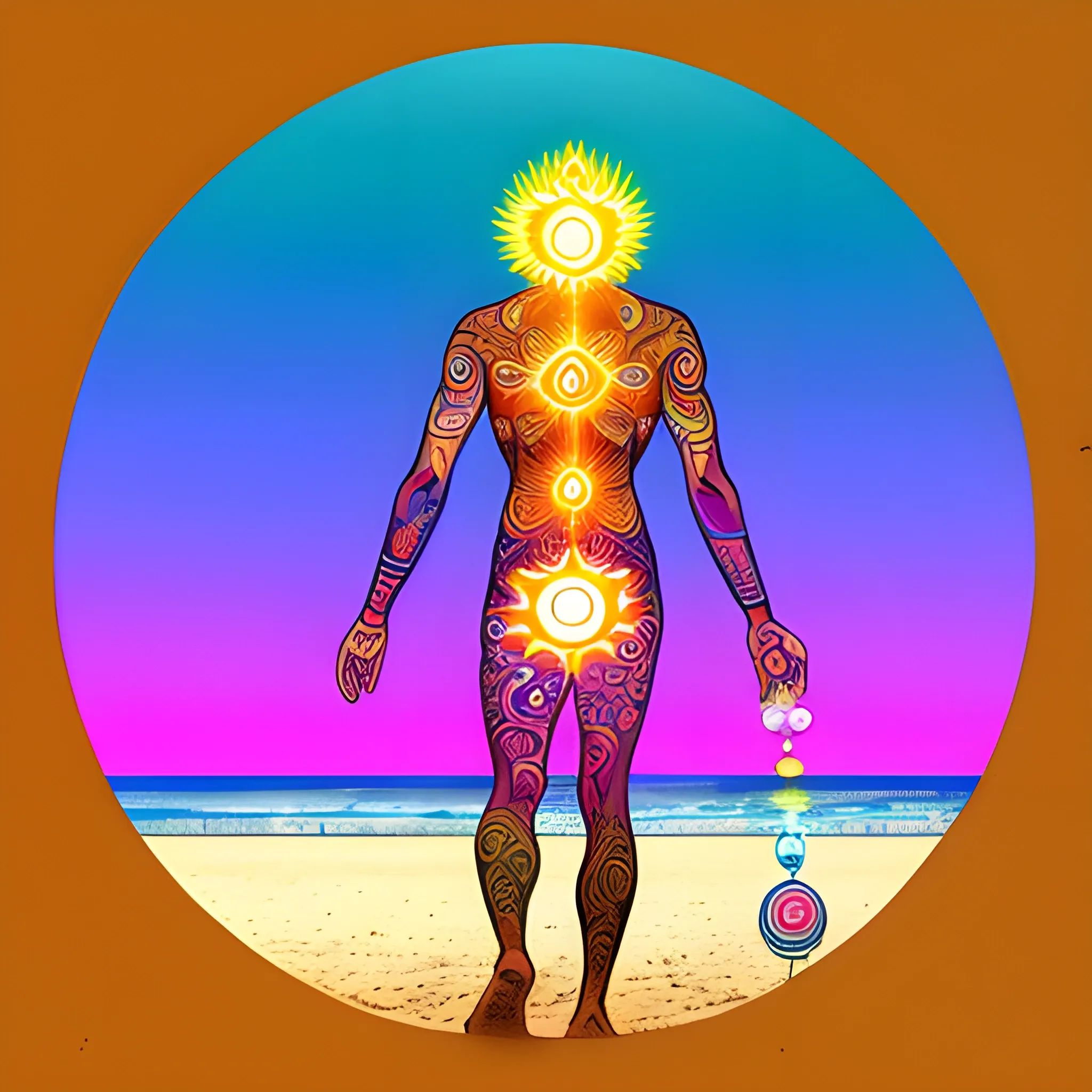 
man with the seven chakras on his back, beach, sunset, universe, walking to the sea, initiation, footprints in the sand, Cartoon, Trippy