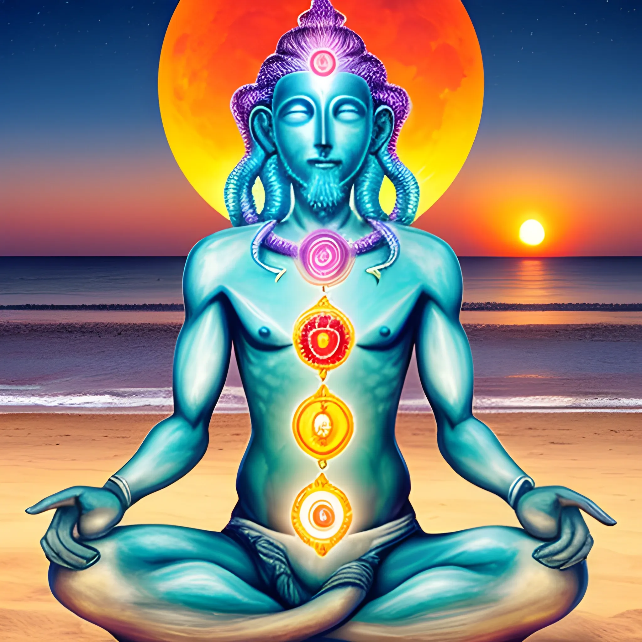 human being with the seven chakras, beach, sunset, universe, moon, caduceus hermes, road, initiation.
