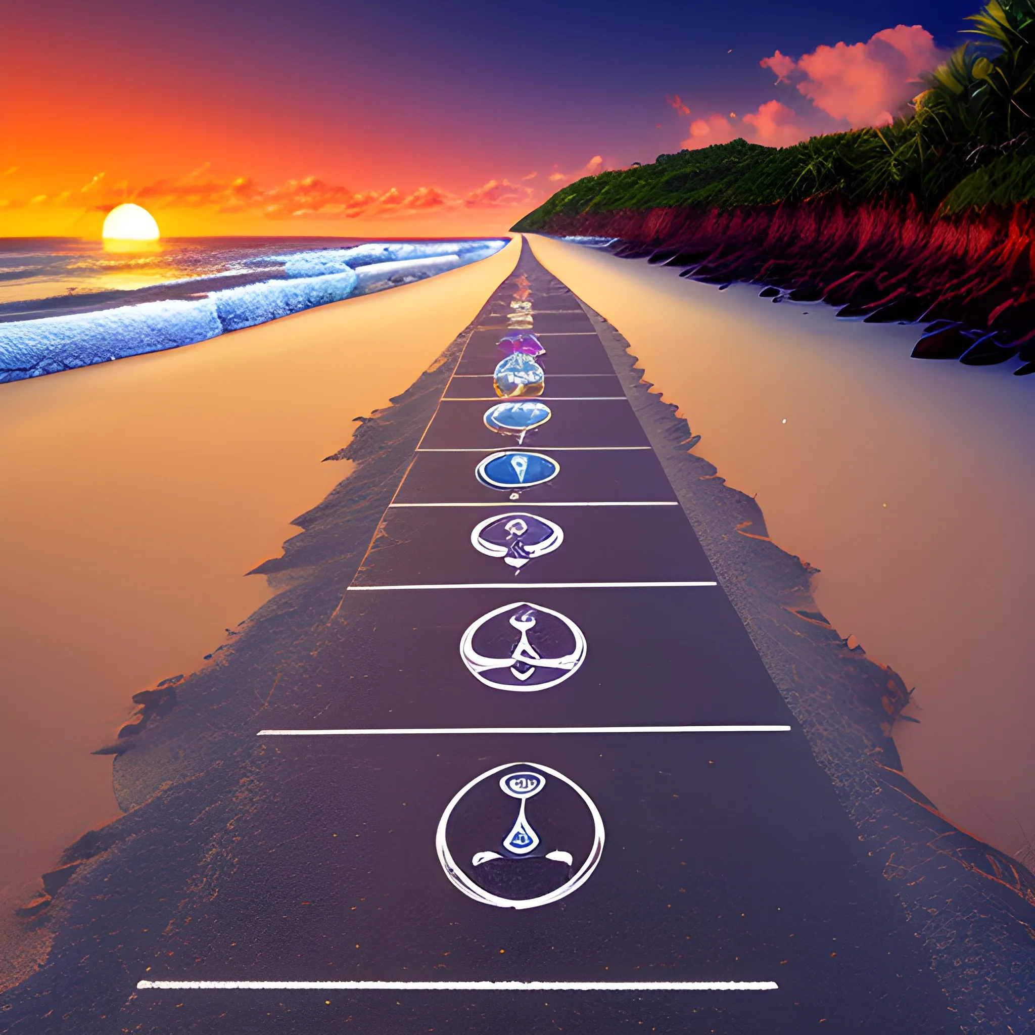 man road to the sea,, seven chakras, beach, sunset, universe, moon, road, realistic, footprints on the back