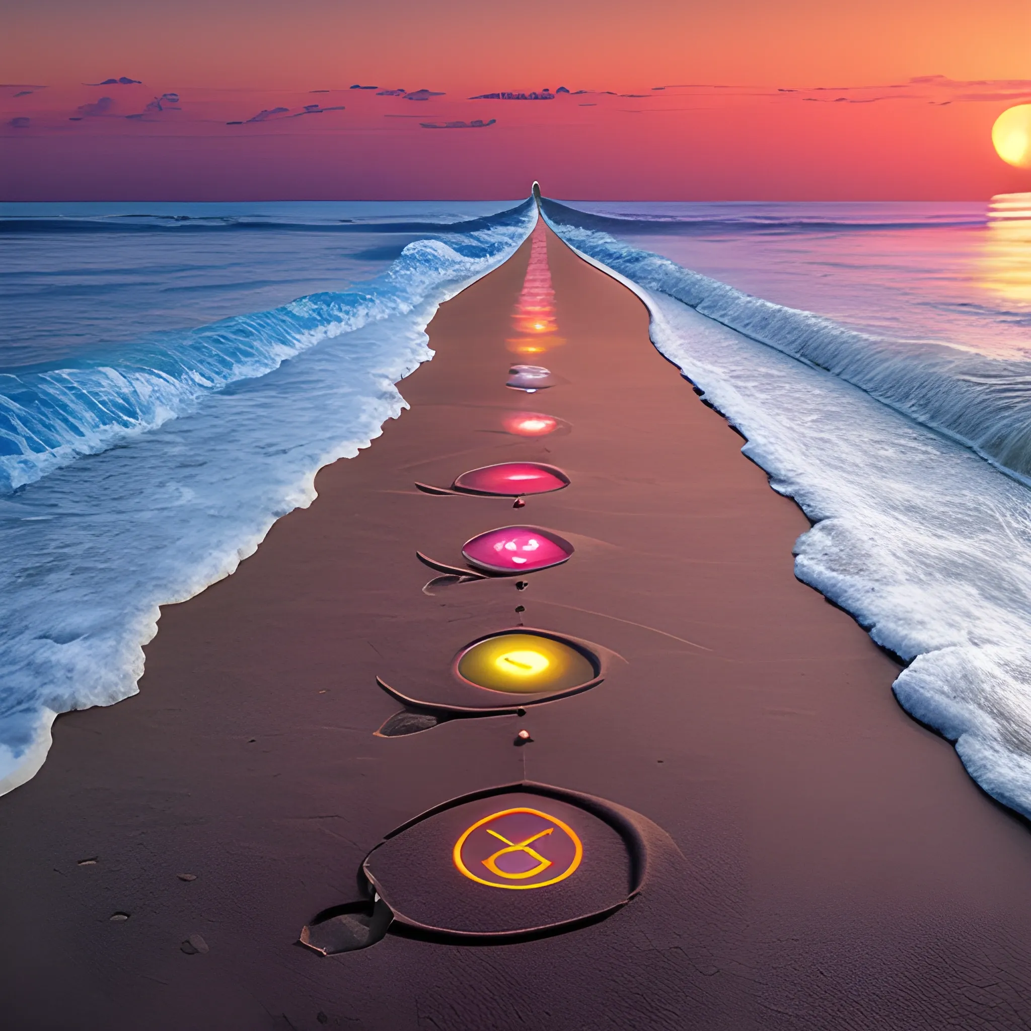 human road to the sea,, seven chakras, beach, sunset, universe, moon, road, realistic, footprints on the back