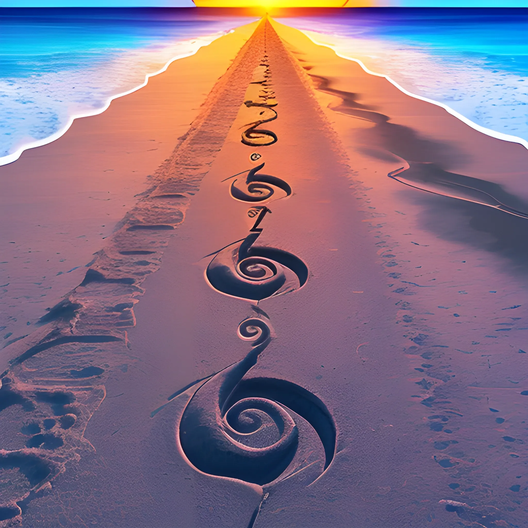 human roading to the sea, seven chakras, beach, sunset, universe, moon, road, realistic, footprints on the back