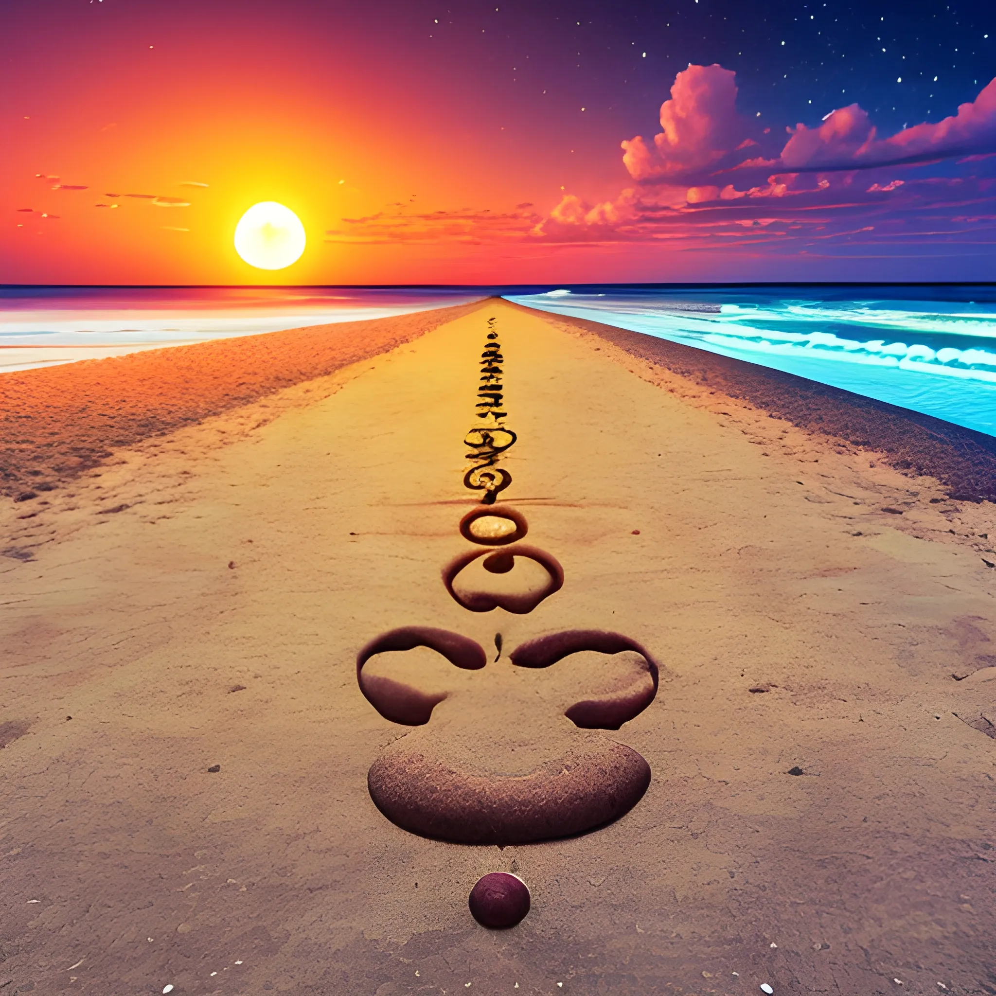 human , seven chakras, beach, sunset, universe, moon, road, realistic, footprints on the back