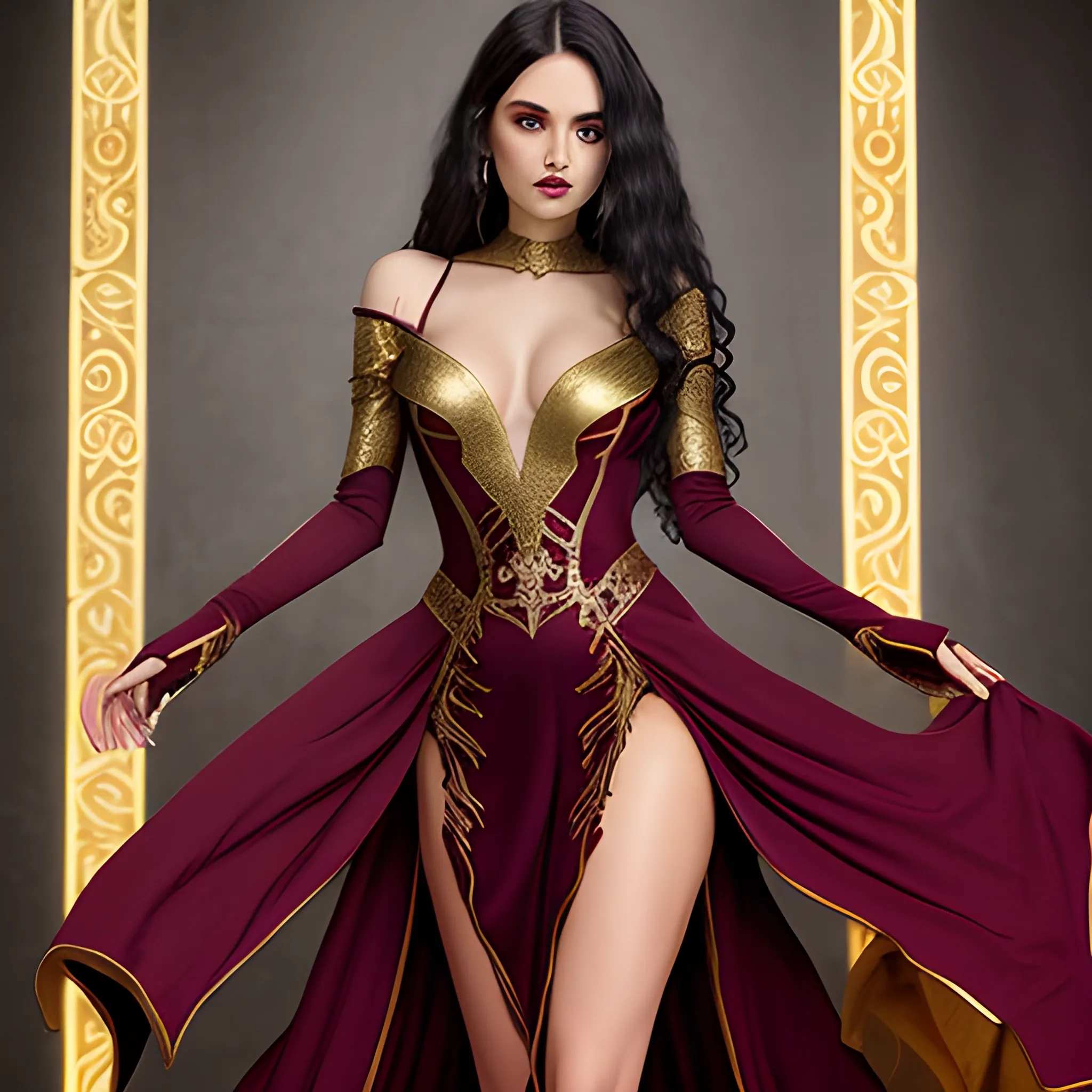 fantasy, evil sorceress, sexy skimpy long sleeved low cut maroon dress with gold accents and high side slits, curly long dark hair
