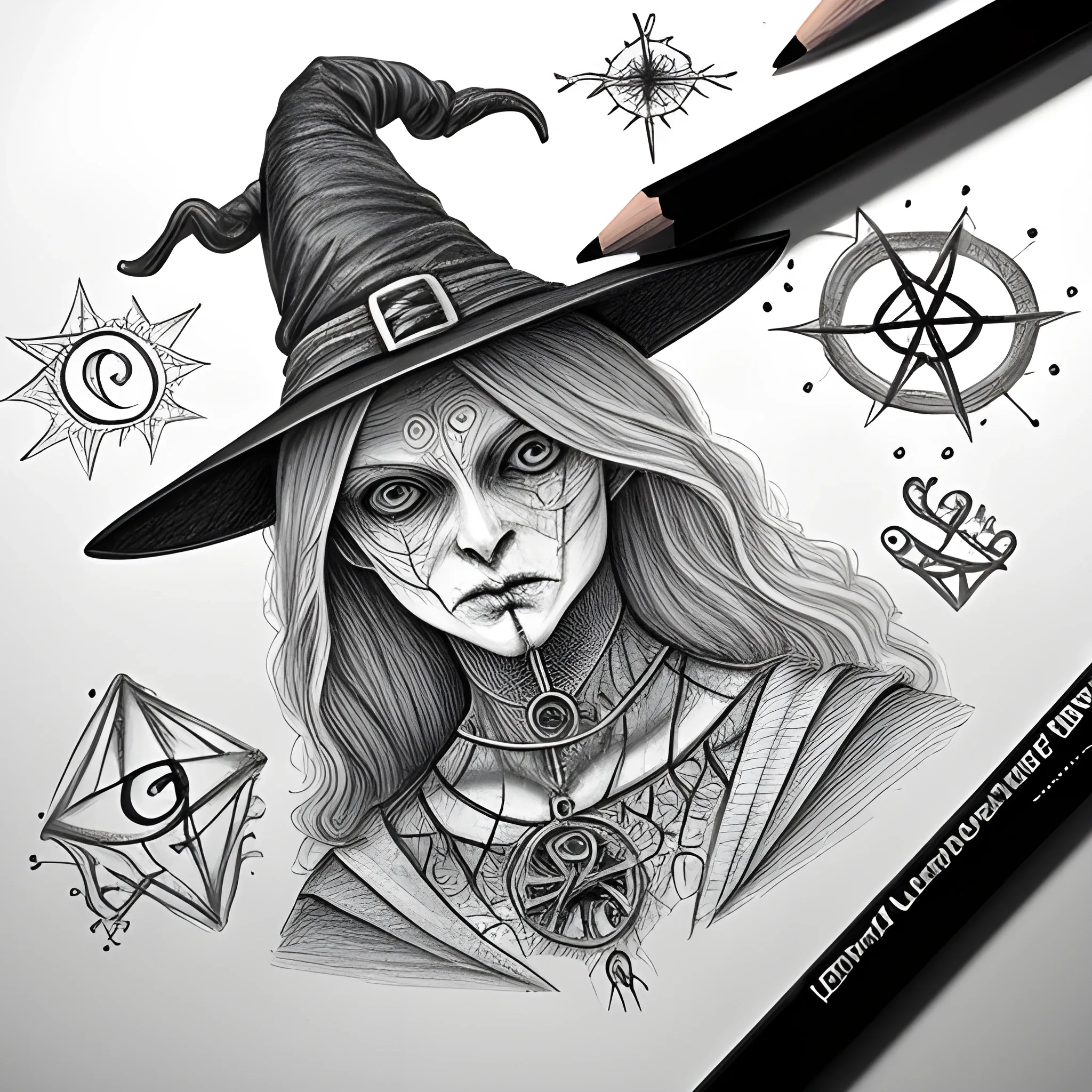 witch , occult symbols, Pencil Sketch