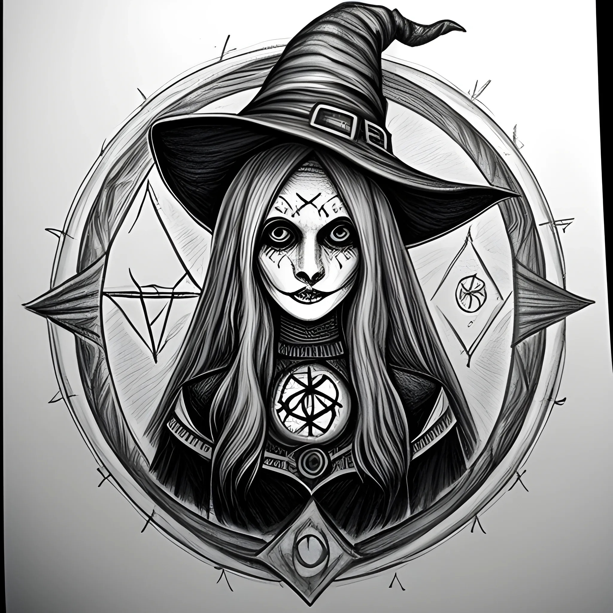 witch , occult symbols, Pencil Sketch