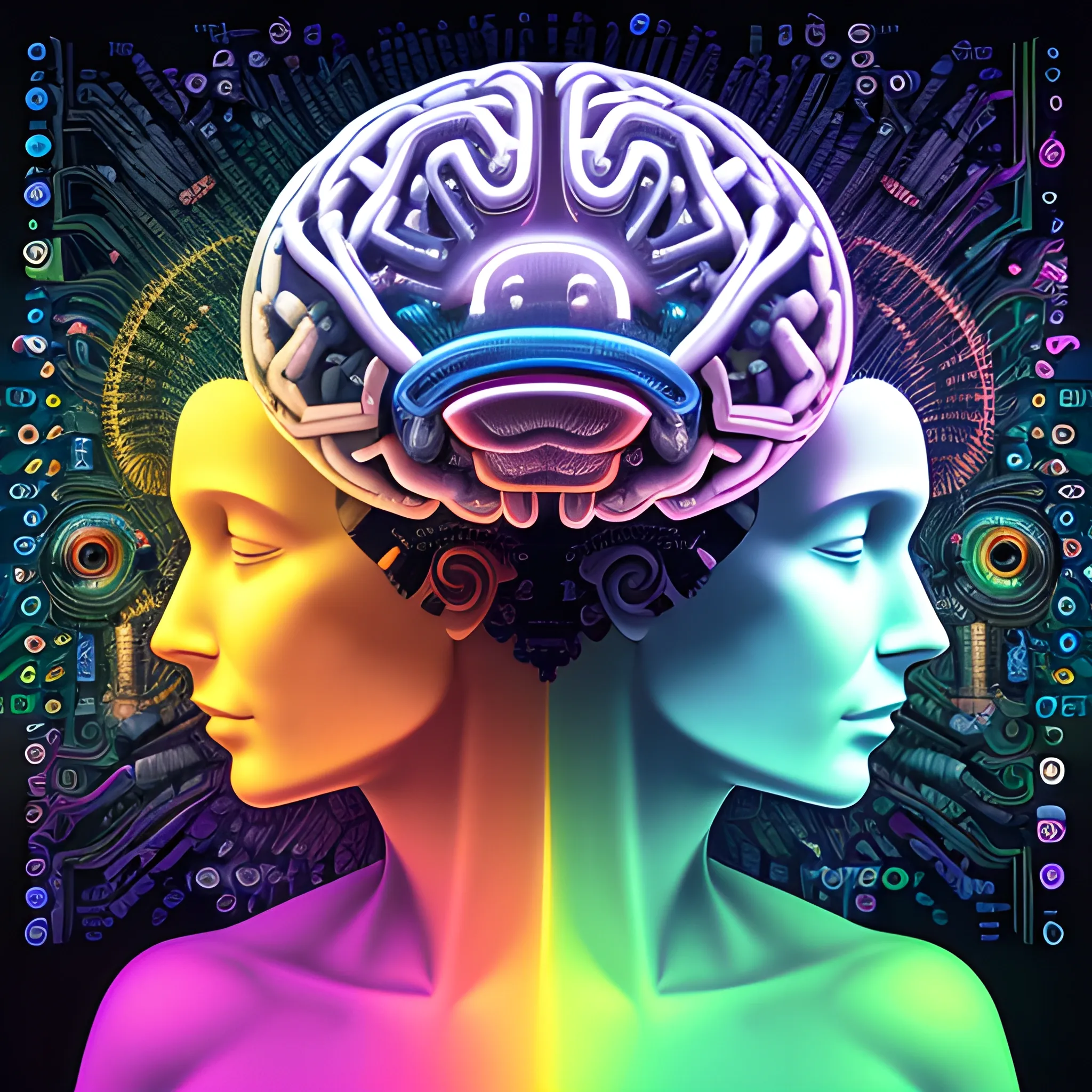 Technological brain with two colorful cerebral hemispheres, Trippy