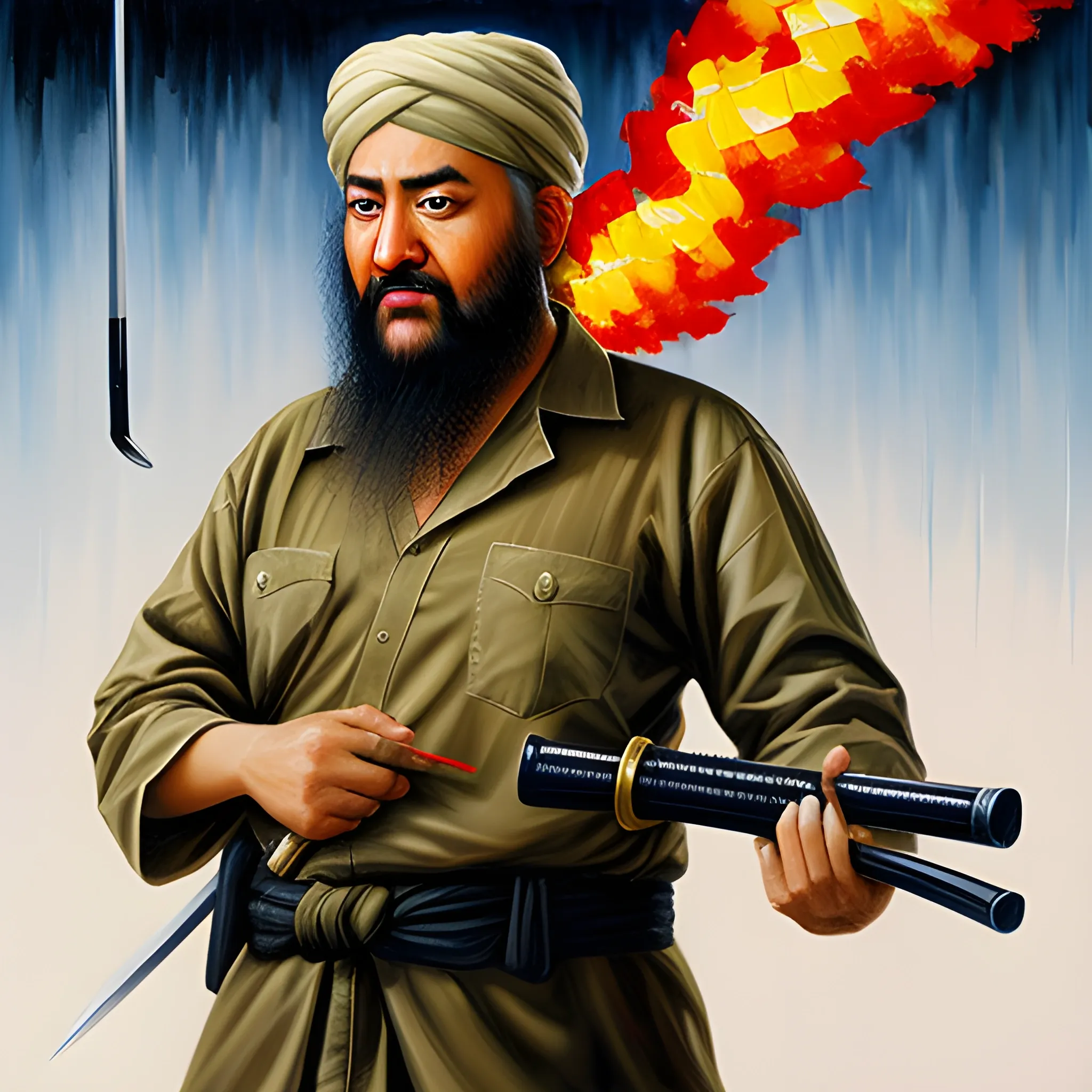 donald trump stabbing holding a Katana stuck inside osama bin laden with a bazooka, Oil Painting