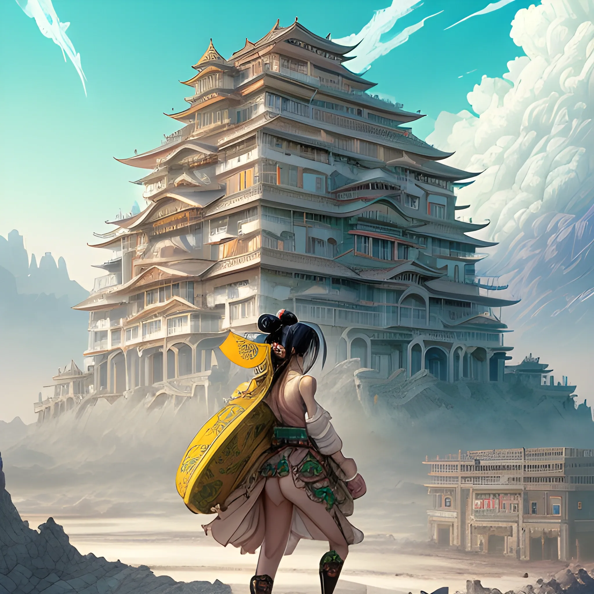 cascading concept art of an imposing multi level library, mattepainting, carrying a pack full of suppplies, taking pictures, yellow skin. intricate, thigh highs. by takashi takeuchi, by laurie greasley, robes, by arcane, award-winning digital art on Pixiv, very coherent. high detail, wearing miko priestess kimono, 8 k w 1 0 2 4, standing before a desert of ashes. ultra-detailed. Anime, Mediterranean city, in her right side is a porcelain tea set. Everything is underwater and floating. Mystical