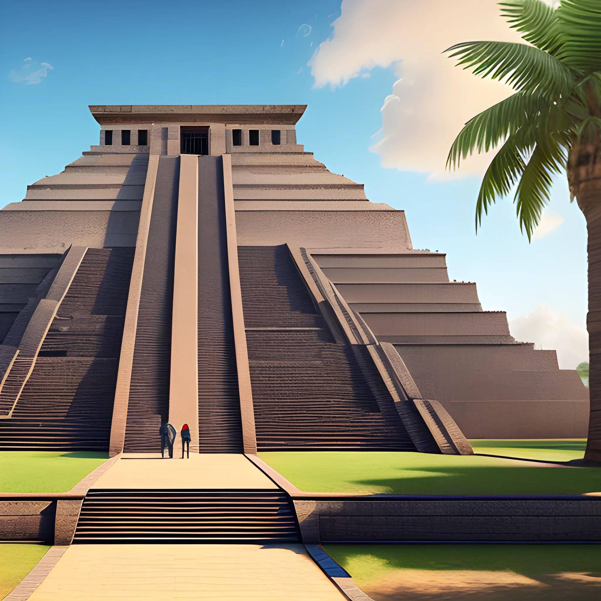 A majestic view of the Great Ziggurat of Ur, with people walking up its ancient steps, surrounded by lush palm trees and a vibrant sky. Rendered in realistic detail with Unreal Engine.