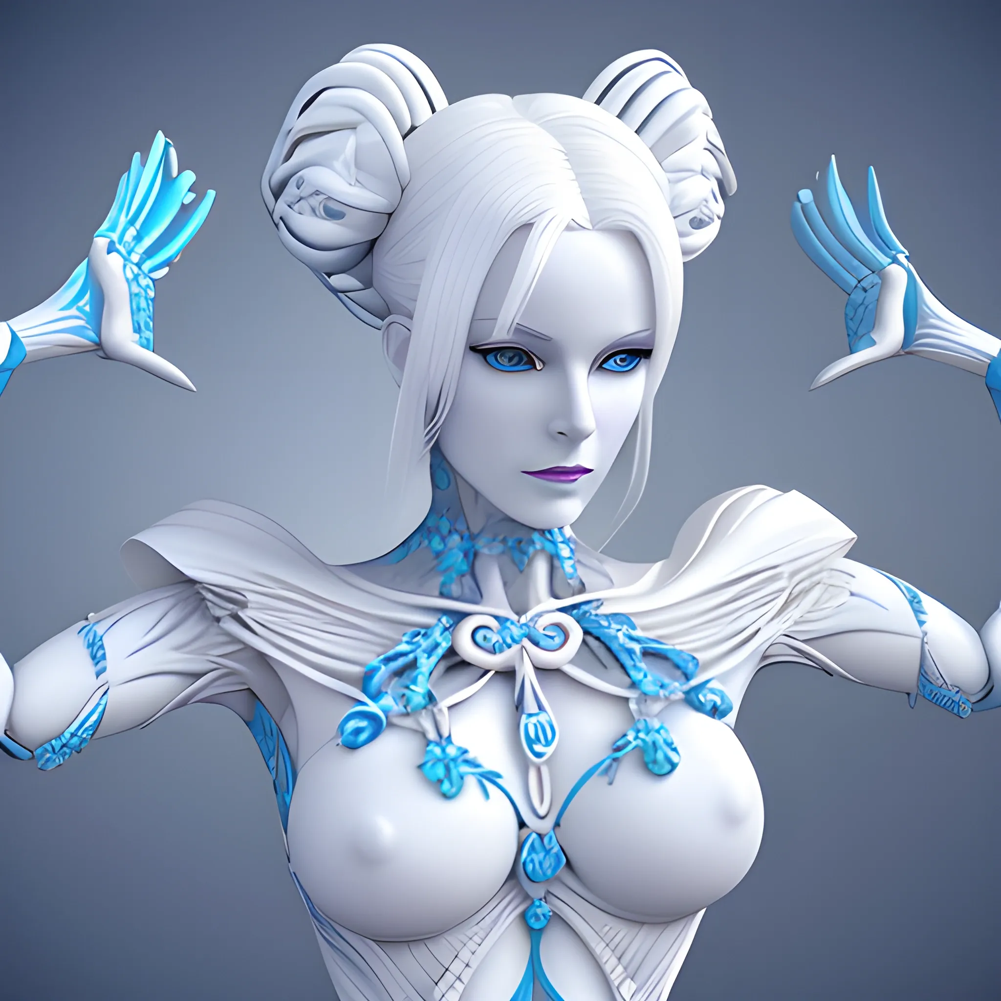 , 3D, create an image of a woman with ten arms, white hair, blue eyes and who is very pretty, with sensual features, 3D