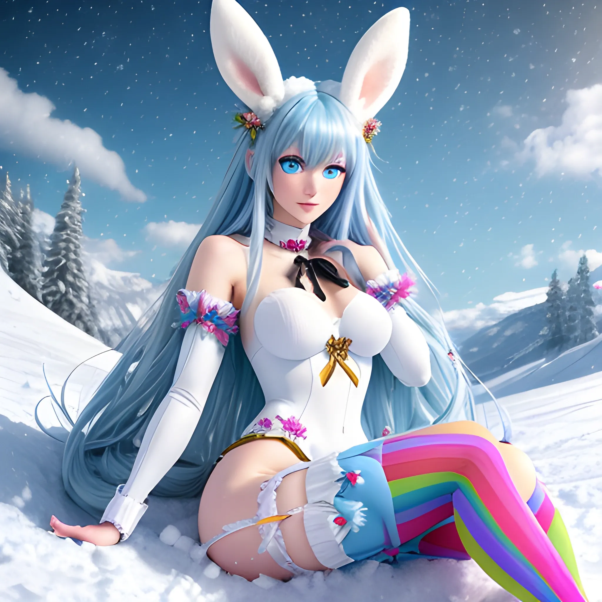 masterpiece, 8k hdr, snow, in a meadow, girl, magical girl, adorable girl, long hair, blue hair, multicolored eyes, bunny ears, arms crossed, bandaid on leg, thighhighs, wide eyed