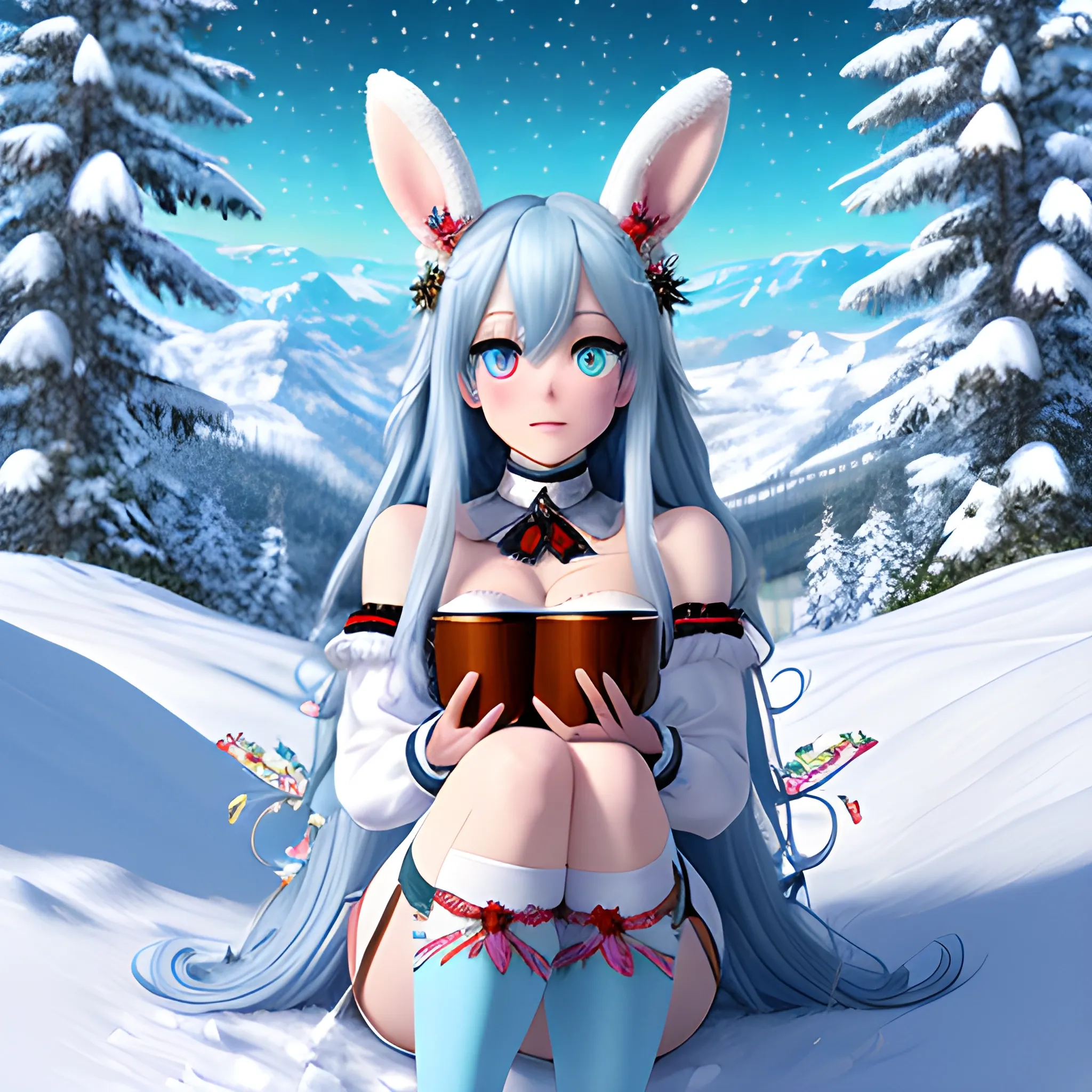 masterpiece, 8k hdr, snow, in a meadow, girl, magical girl, adorable girl, long hair, blue hair, multicolored eyes, bunny ears, arms crossed, bandaid on leg, thighhighs, wide eyed, Cartoon