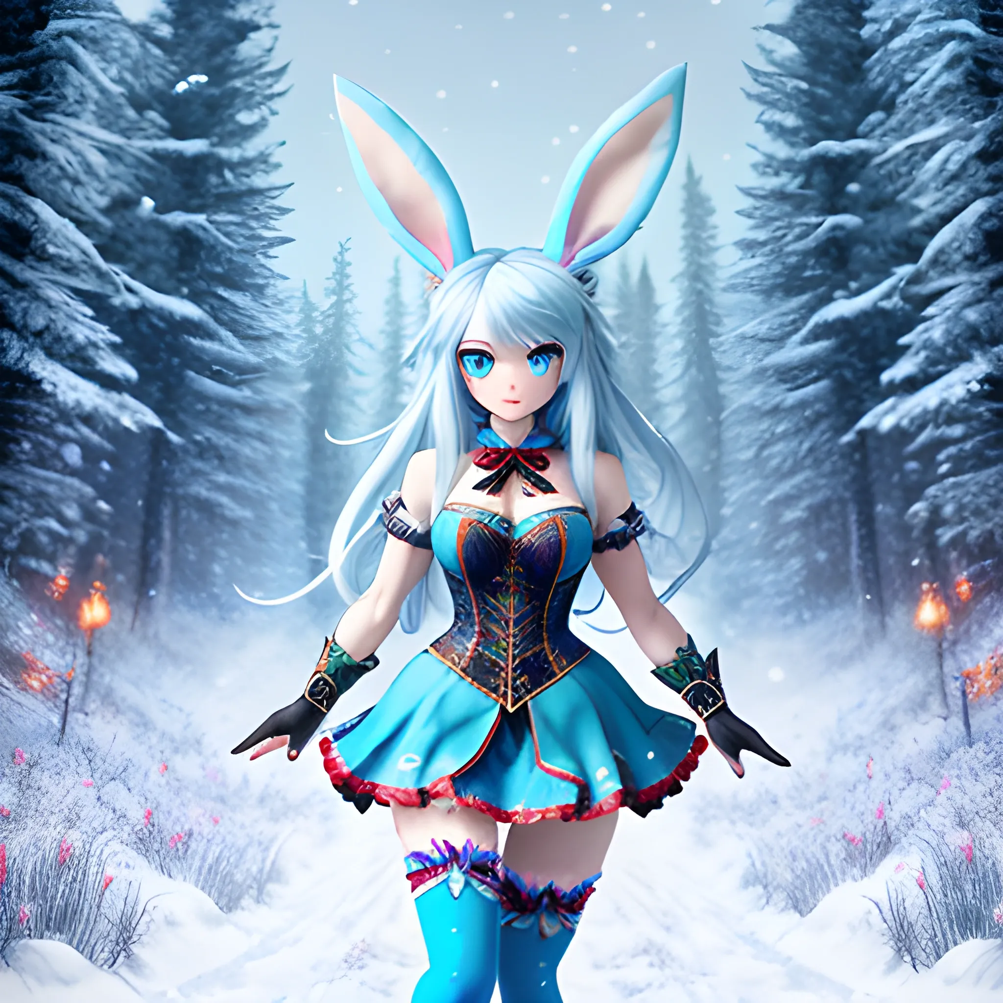 masterpiece, 8k hdr, snow, in a meadow, girl, magical girl, adorable girl, long hair, blue hair, multicolored eyes, bunny ears, arms crossed, bandaid on leg, thighhighs, wide eyed, Cartoon, Trippy