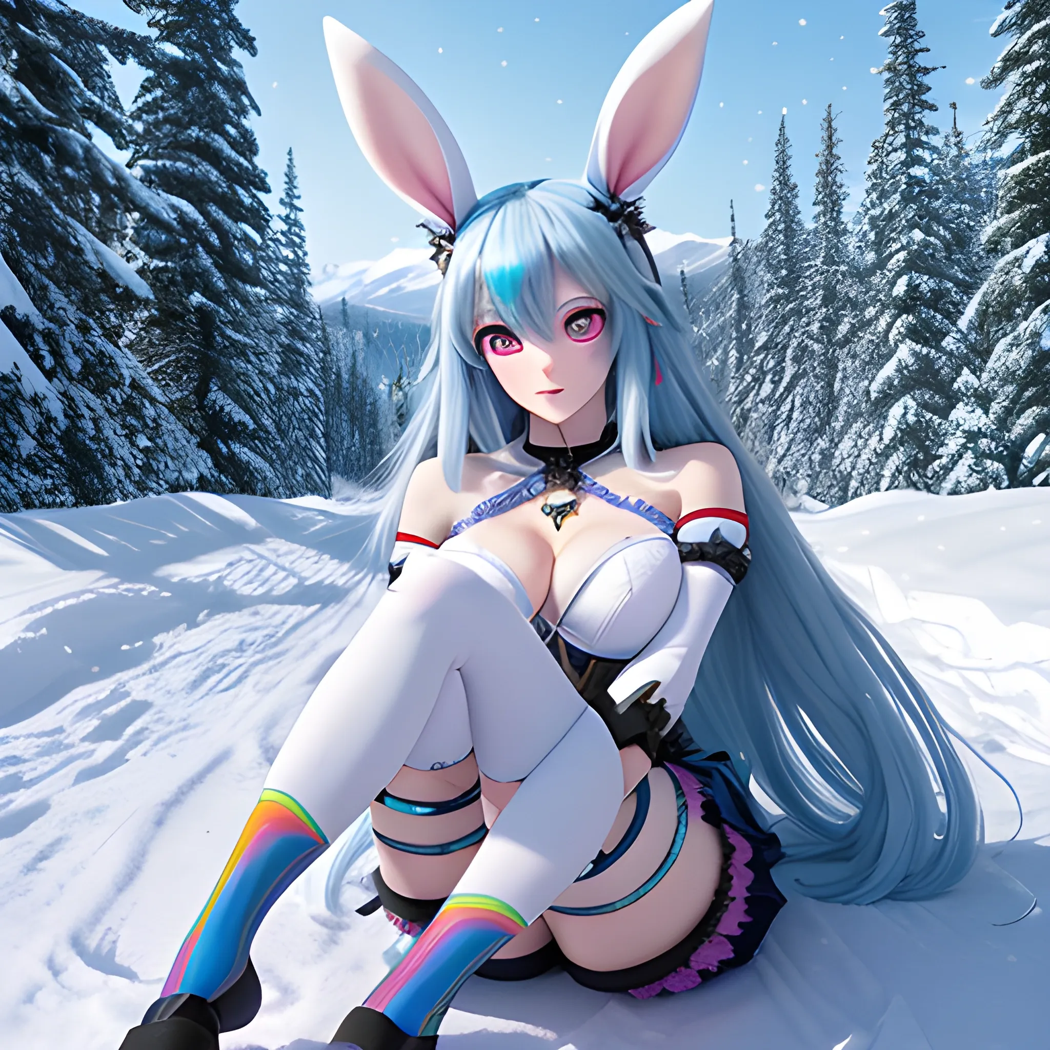 masterpiece, 8k hdr, snow, in a meadow, girl, magical girl, adorable girl, long hair, blue hair, multicolored eyes, bunny ears, arms crossed, bandaid on leg, thighhighs, wide eyed, Trippy