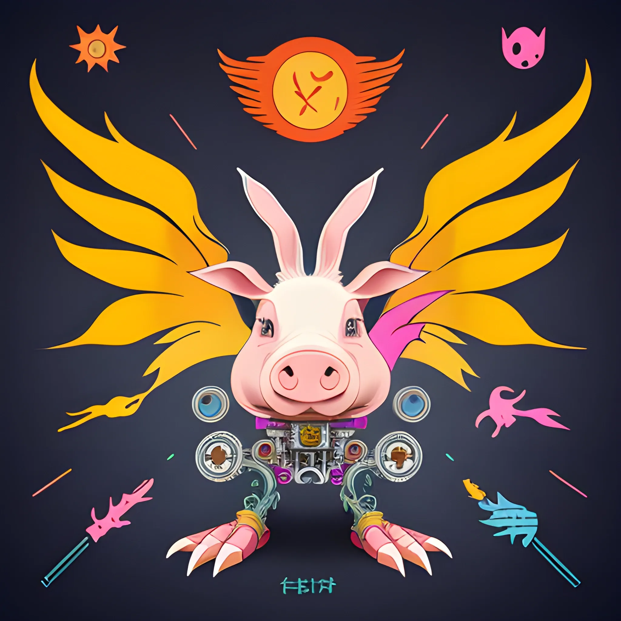 Rabbit's head, pig's body, dragon's tail, mechanical legs, phoenix's wings, Trippy