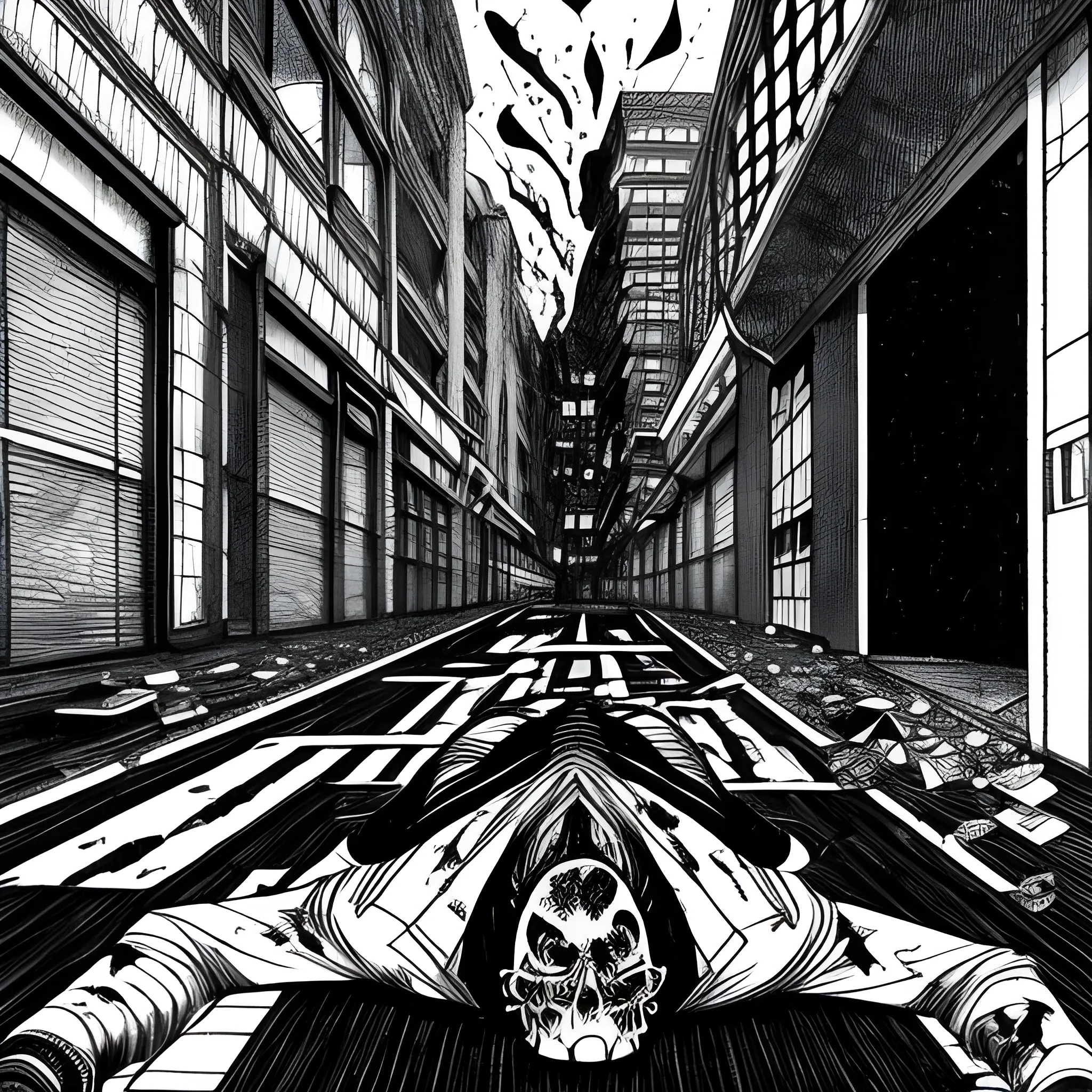 "Black and white ink nanquim drawing, Anime perspective drawing, young anime boy Dead, body shattered sprawled on school floor after falling from a building, horror, scary, by Kazuo Umezu by Ito Junji, high definition, super Anime ultra high definition, fear definition, panic terrifying anxiety, shock bloodied"
