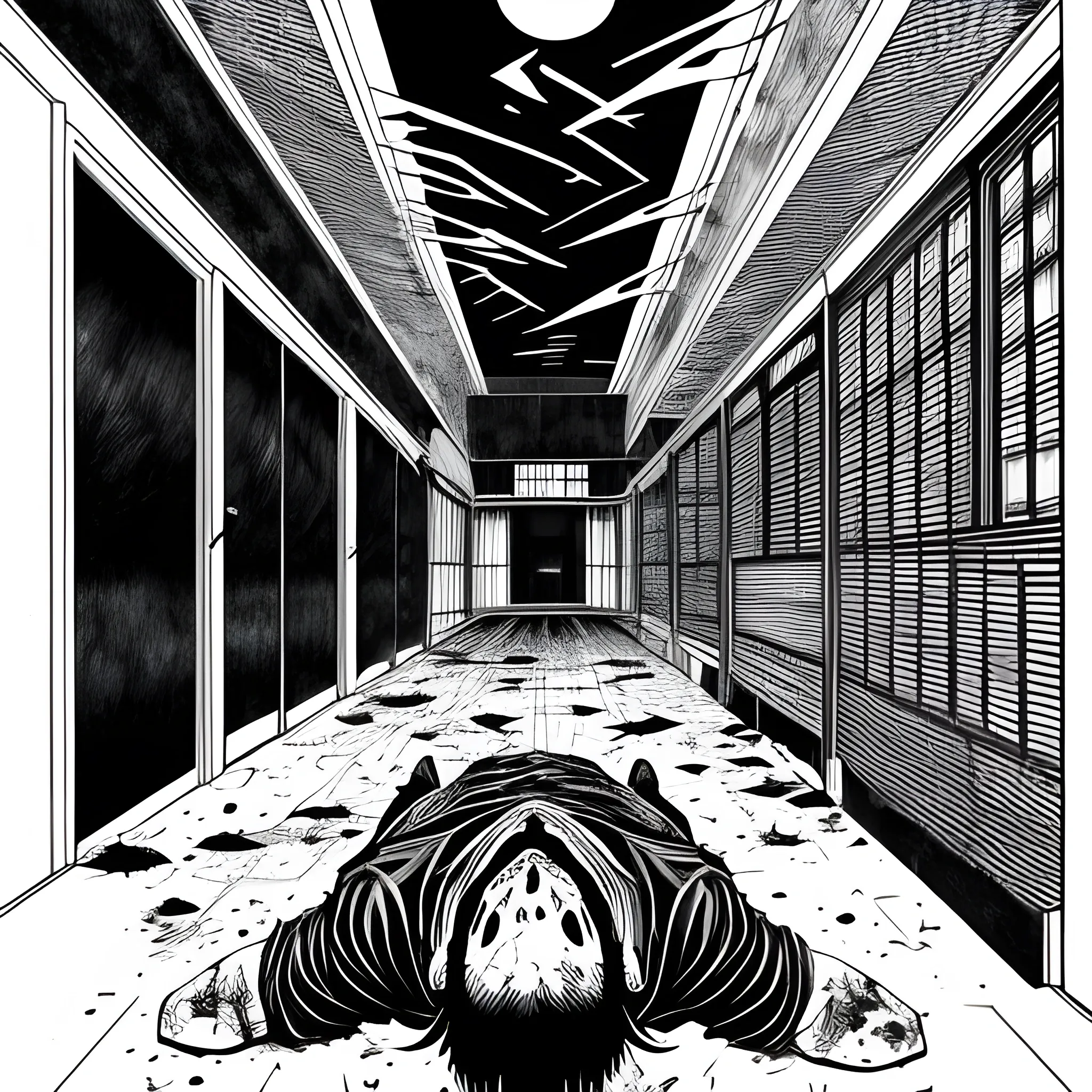 "Black and white ink nanquim drawing, Anime perspective drawing, young anime boy Dead, body shattered sprawled on school floor after falling from a building, horror, scary, by Kazuo Umezu by Ito Junji, high definition, super Anime ultra high definition, fear definition, panic terrifying anxiety, shock bloodied"
